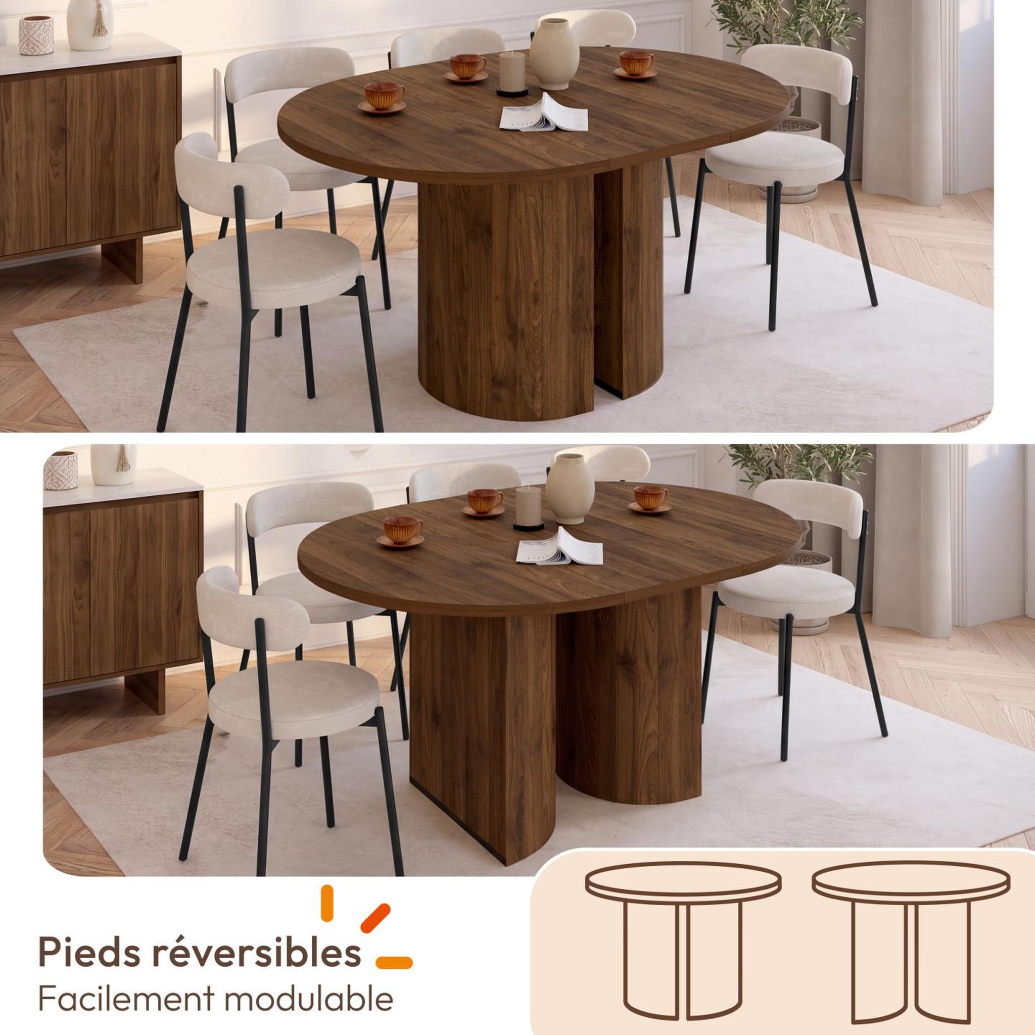 Voir la diapositive 6 : ID MARKET Table à manger extensible ronde michelle 4-8 personnes 2 pieds réversibles noyer 110-150 cm