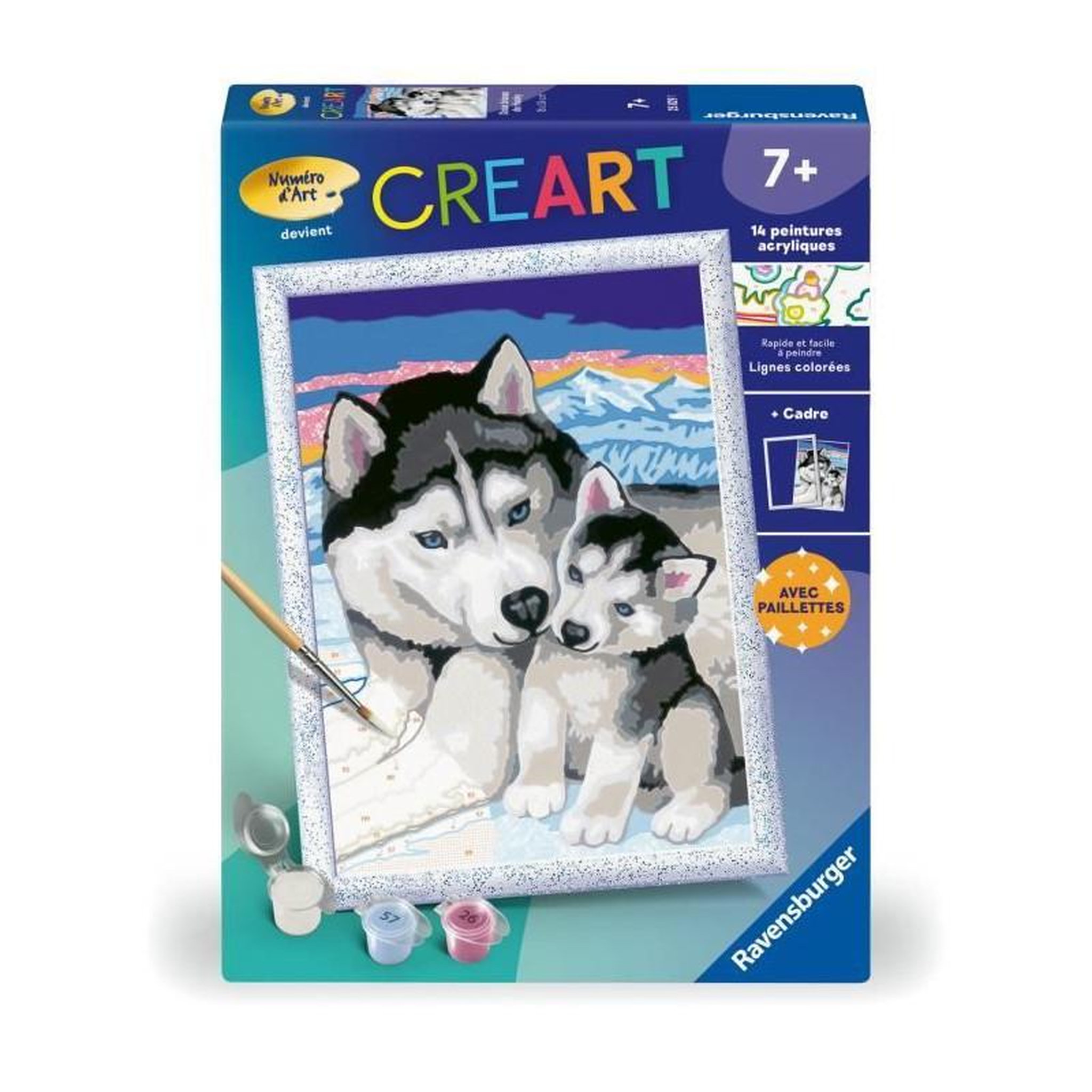 RAVENSBURGER CreArt Kids 18x24cm Doux bisous de Husky, Kit de peinture par numéros Numéro d'Art, Des 7 ans, 25829, Ravensburger