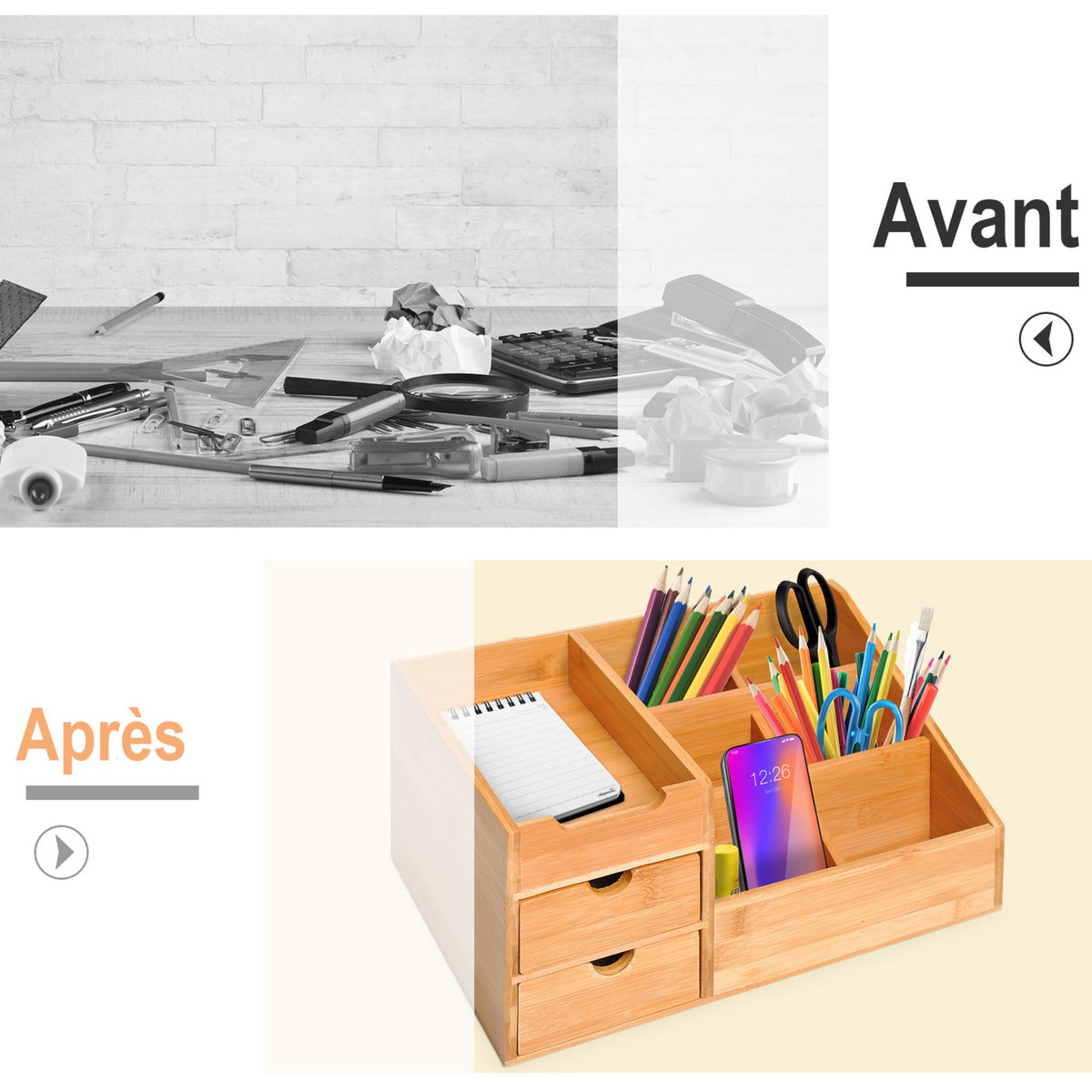 HOMCOM Boite de rangement de bureau - organiseur de bureau - 7 compartiments, 2 tiroirs - bambou verni