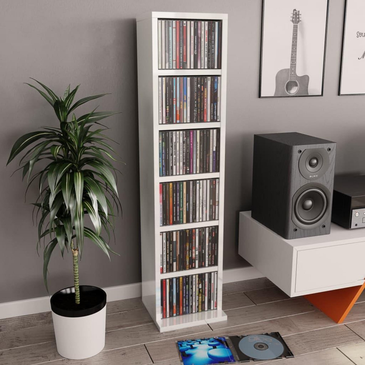 VIDAXL Armoire a CD Blanc brillant 21x20x88 cm Bois d'ingenierie