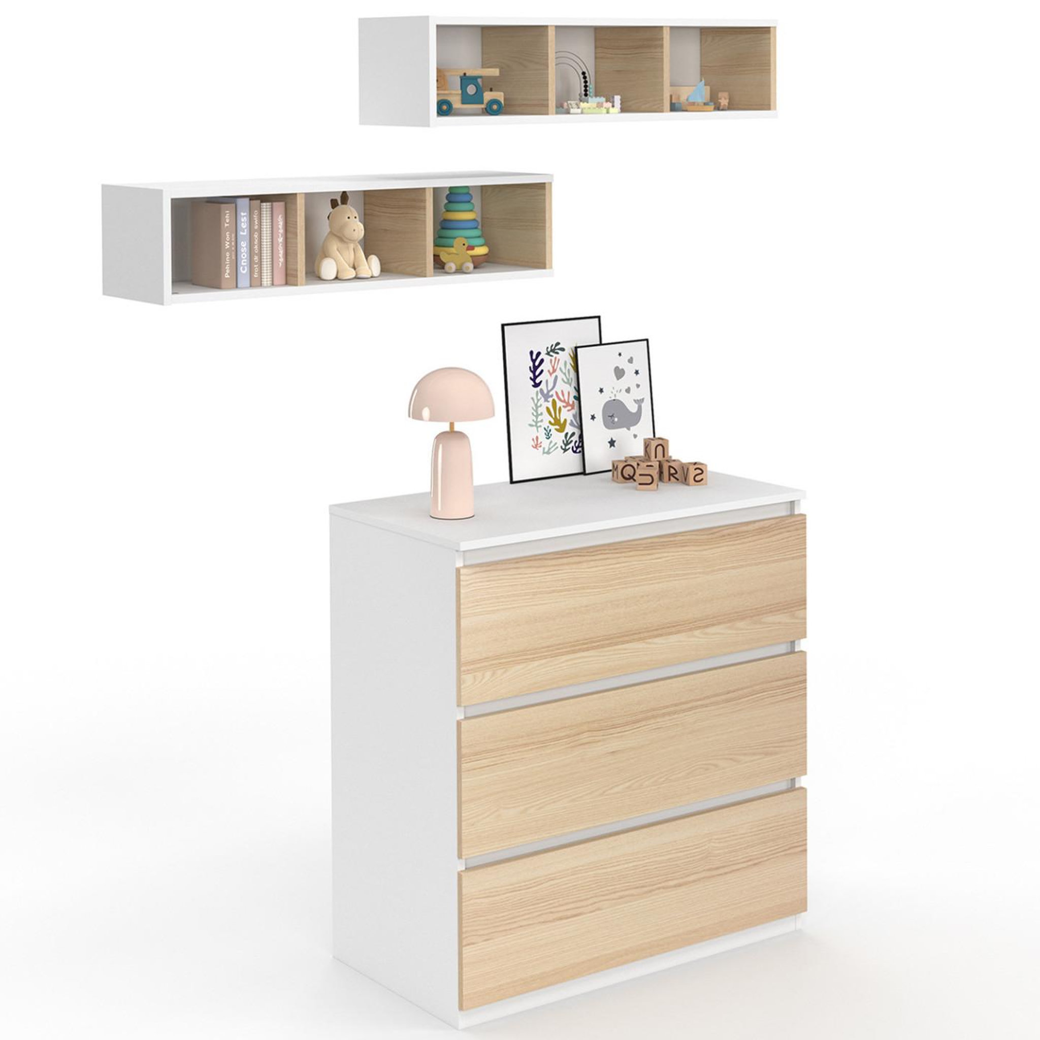 Voir la diapositive 4 : ID MARKET Commode à langer évolutive ambre façon hêtre et blanc 3 tiroirs table à langer et 2 étagères amovibles