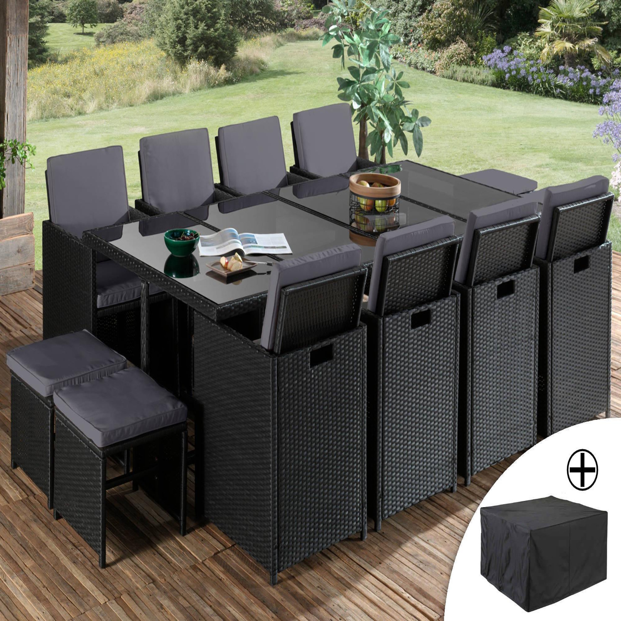 Voir la diapositive 1 : BEST MOBILIER Fira - salon de jardin encastrable 12 places - en résine tressée - noir avec coussins gris + housse de protection