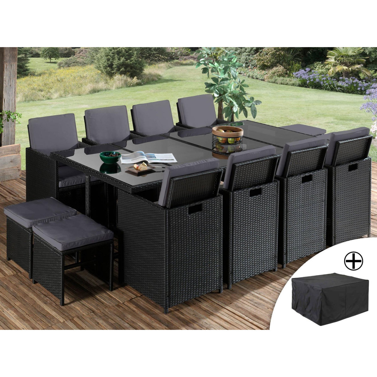 BEST MOBILIER Fira - salon de jardin encastrable 12 places - en résine tressée - noir avec coussins gris + housse de protection