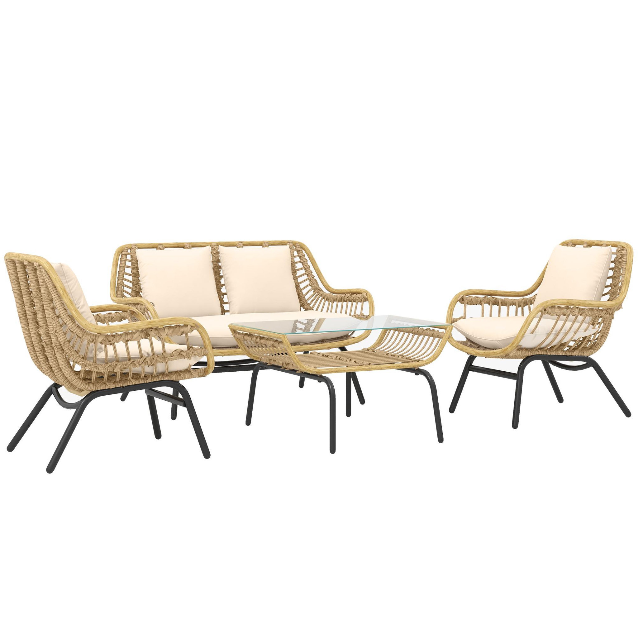 Voir la diapositive 1 : OUTSUNNY Salon de jardin 4 pers. 4 pièces style exotique métal époxy résine imitation bambou coussins grand confort inclus polyester beige
