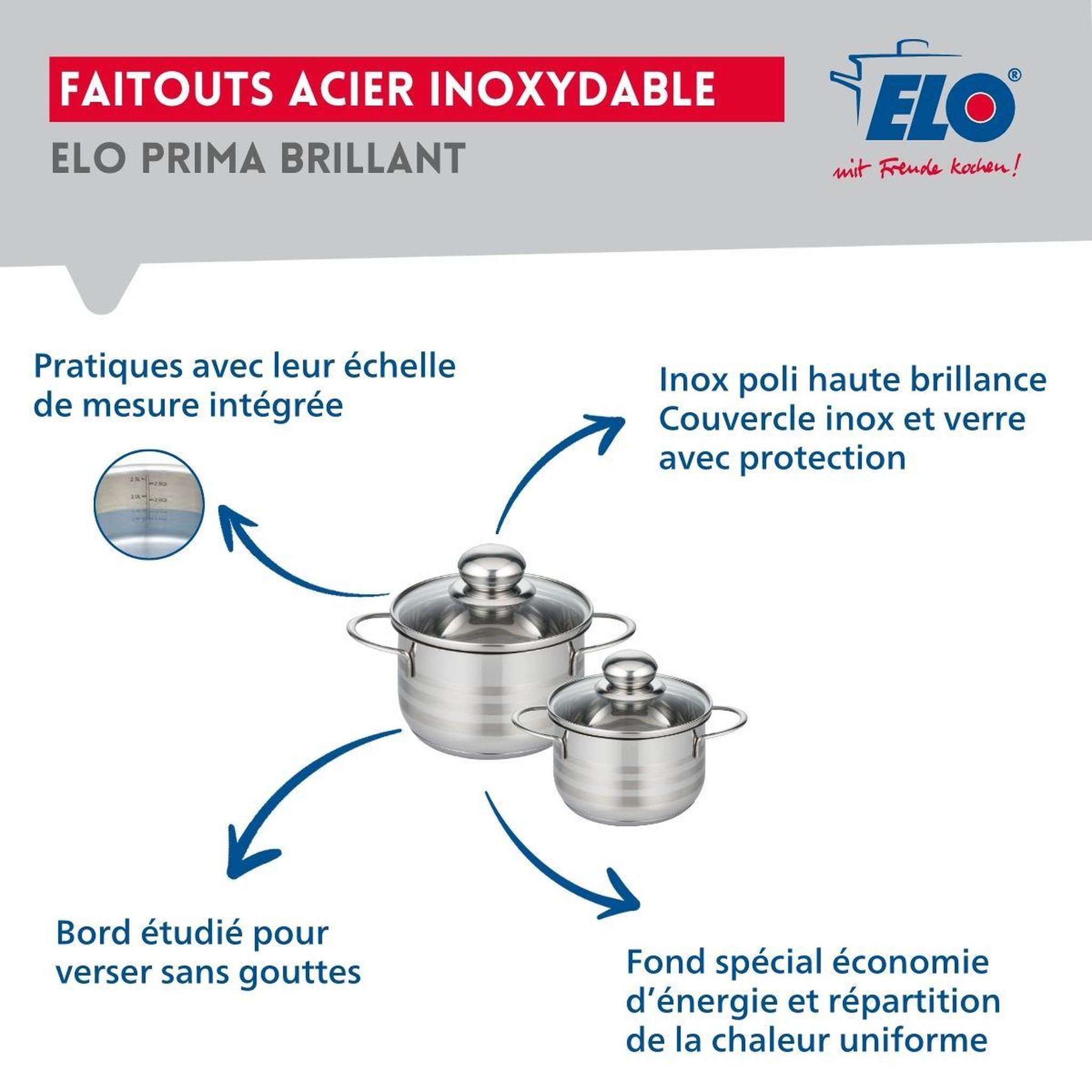 Voir la diapositive 3 : ELO Ensemble de 2 poêles de cuisson 28 et 32 cm et 2 faitouts 12 et 14 cm elo profi brillant