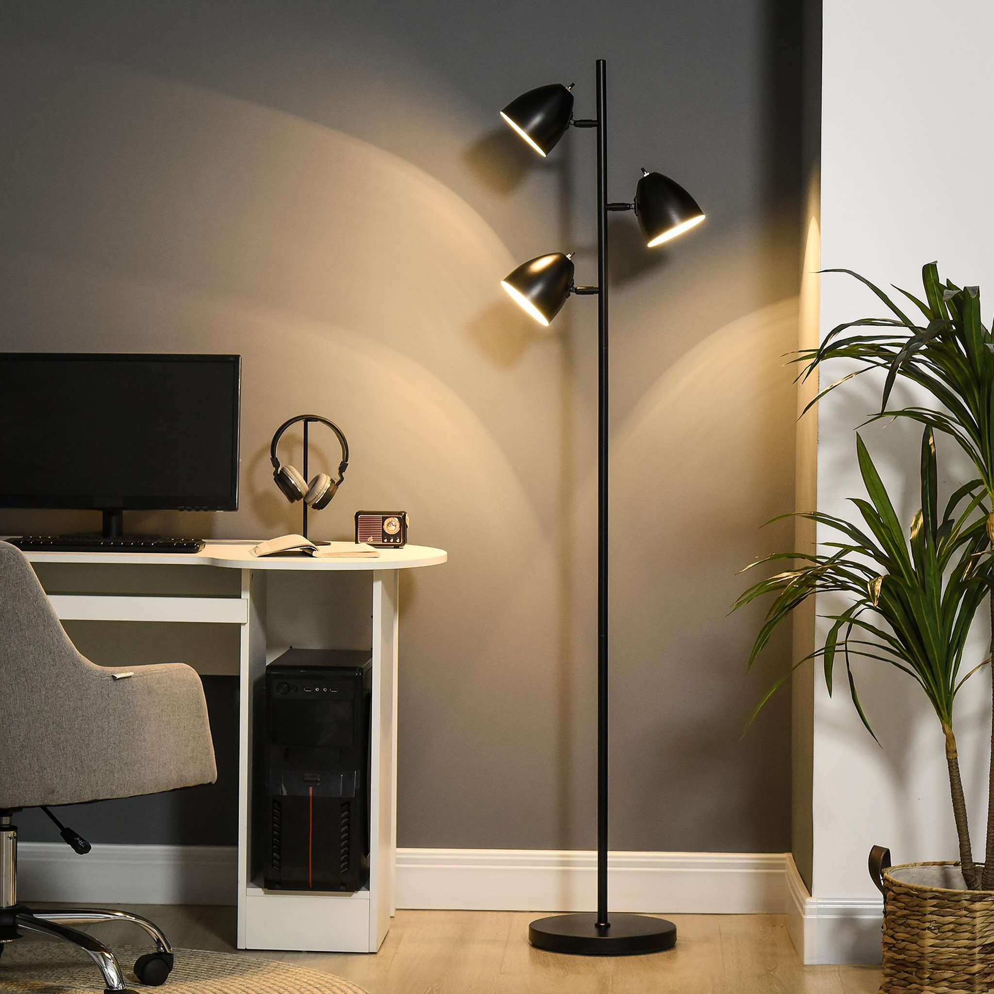 Voir la diapositive 2 : HOMCOM Lampadaire design industriel 3 ampoules max. 40 w abats-jours orientables acier noir