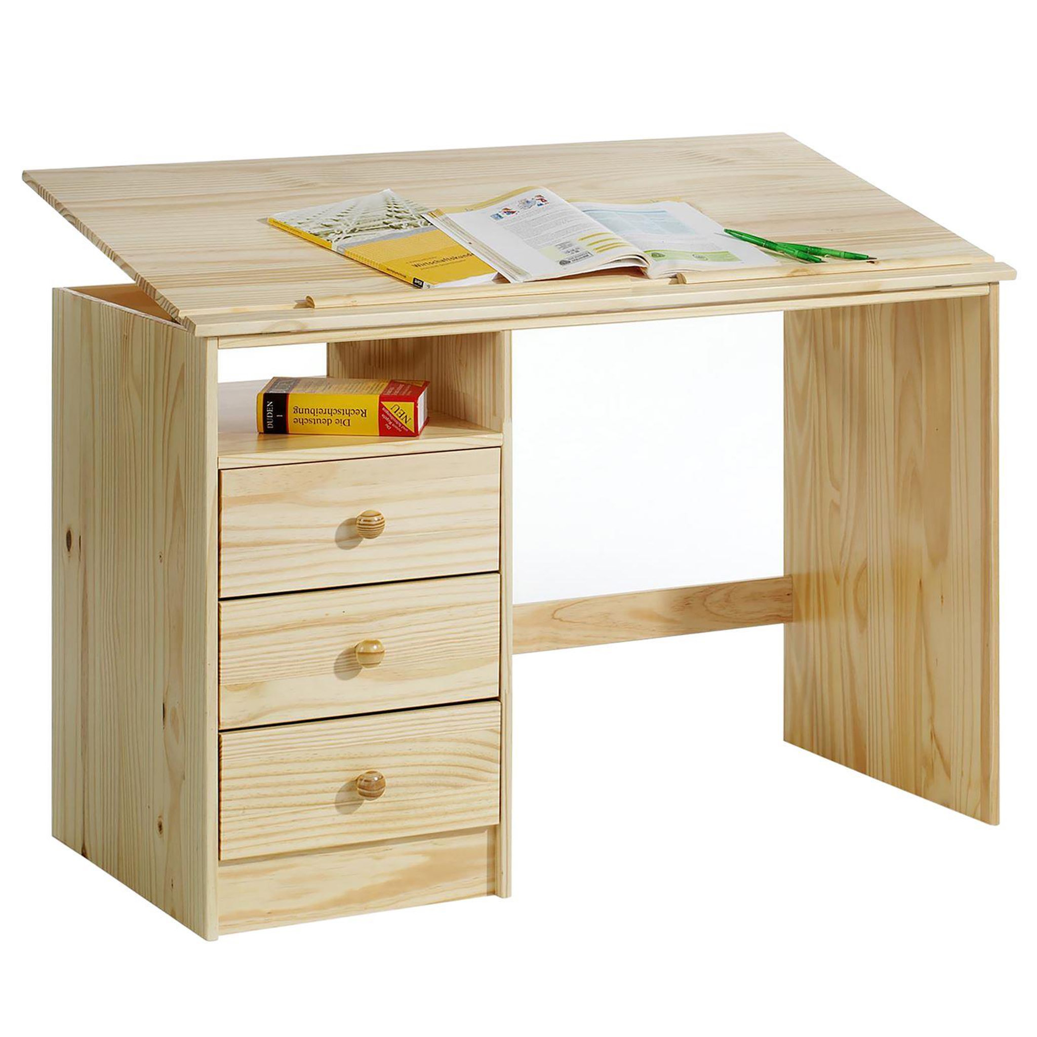 Voir la diapositive 1 : IDIMEX Bureau enfant KEVIN, en pin massif, 3 tiroirs et plateau inclinable
