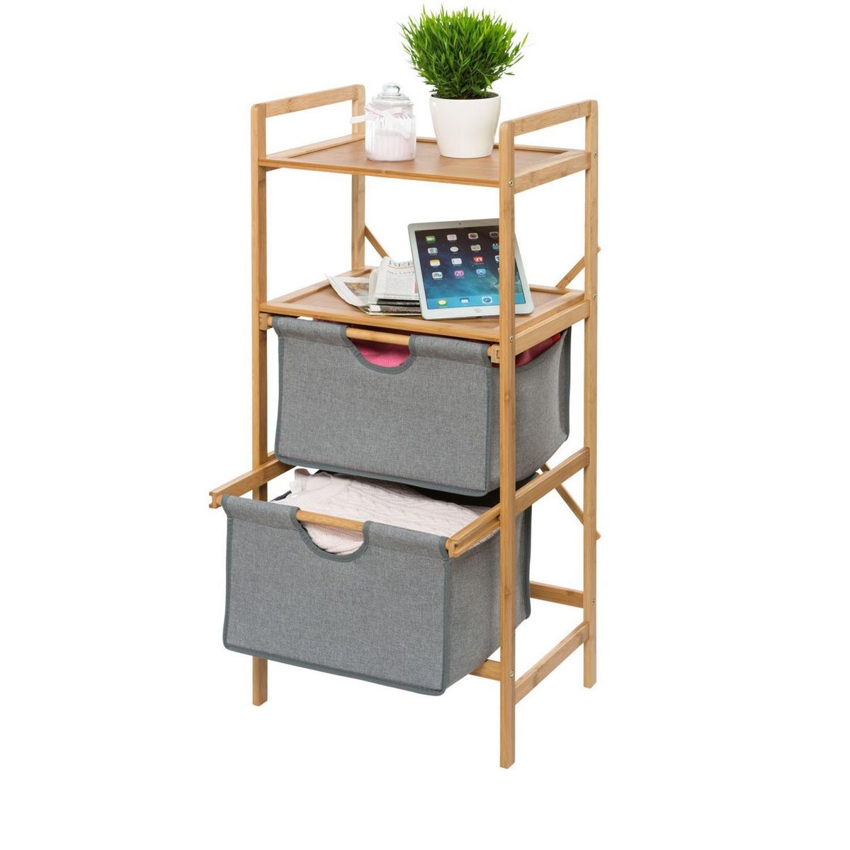 Wenko Etagère de salle de bain en bambou 2 Tiroirs - H. 96 cm - Gris