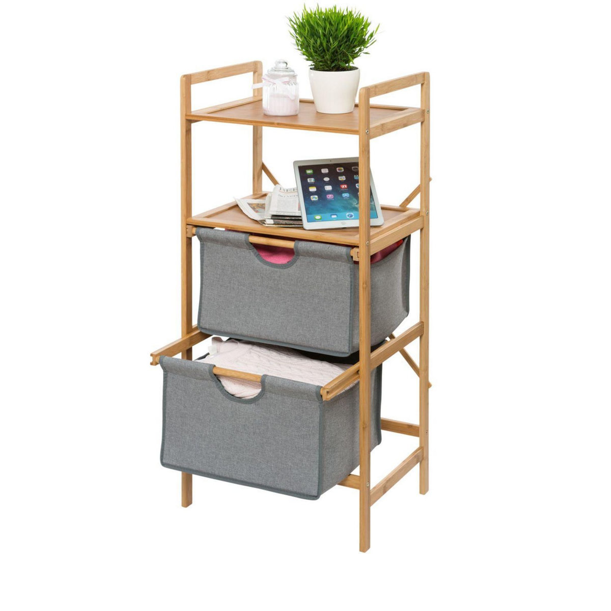 Wenko Etagère de salle de bain en bambou 2 Tiroirs - H. 96 cm - Gris