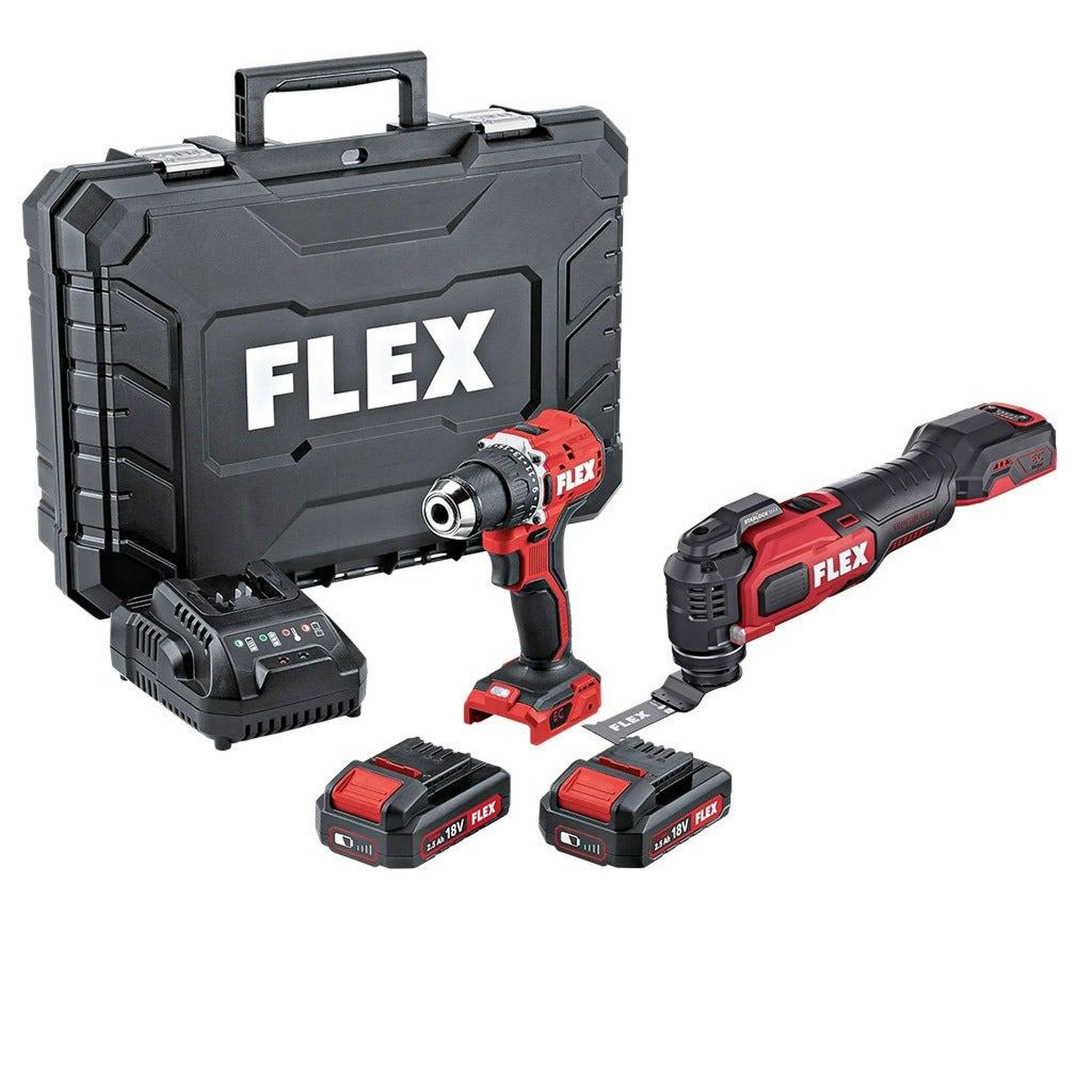 FLEX Pack 2 outils brushless 18v + 2x2.5ah + chargeur rapide + coffret