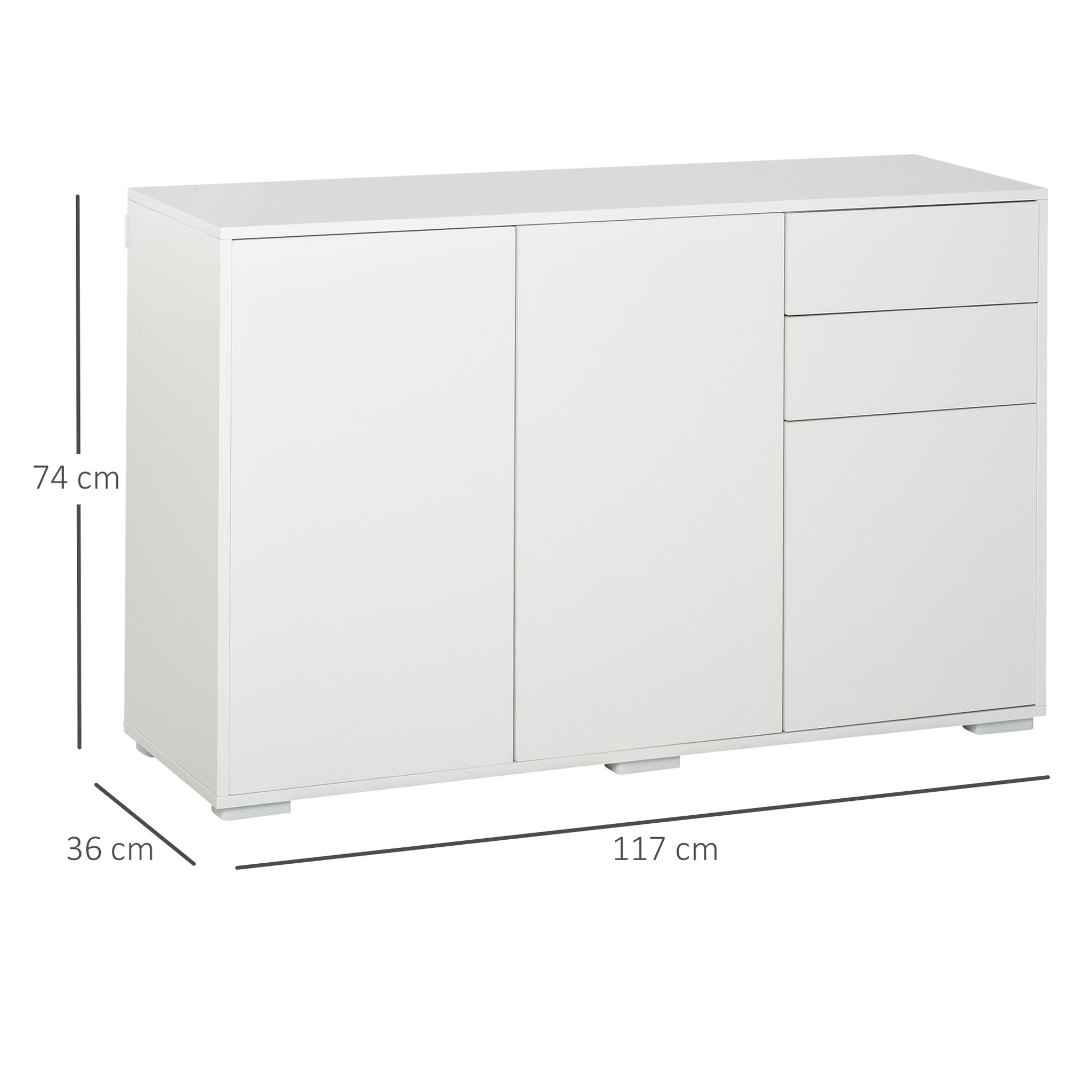 Voir la diapositive 3 : HOMCOM Commode buffet de rangement 2 tiroirs coulissants 3 portes étagère réglable panneaux de particules 117 x 36 x 74 cm blanc