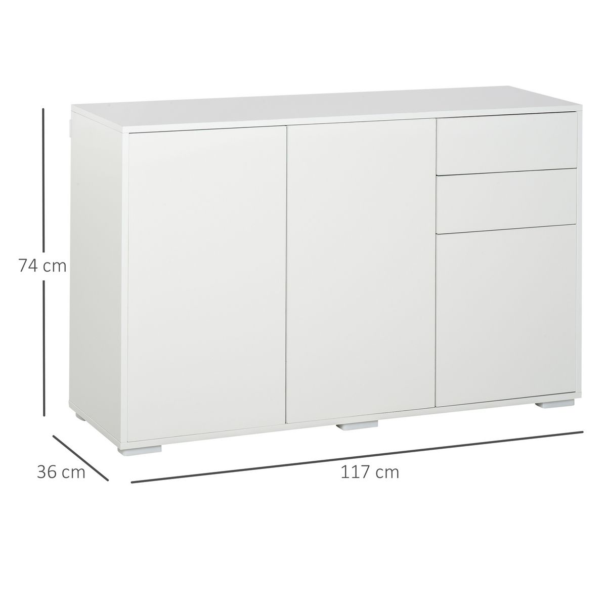 HOMCOM Commode buffet de rangement 2 tiroirs coulissants 3 portes étagère réglable panneaux de particules 117 x 36 x 74 cm blanc