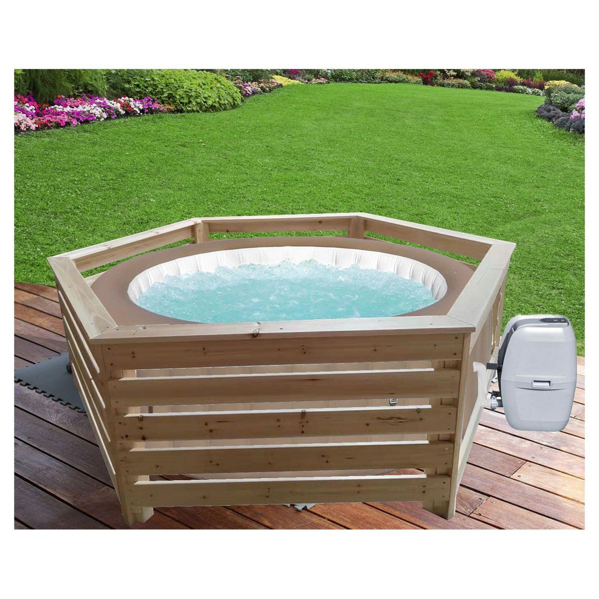 Habrita Habillage bois hexagonal pour spas et piscines gonflables - 2,35xl1,84x0,71m