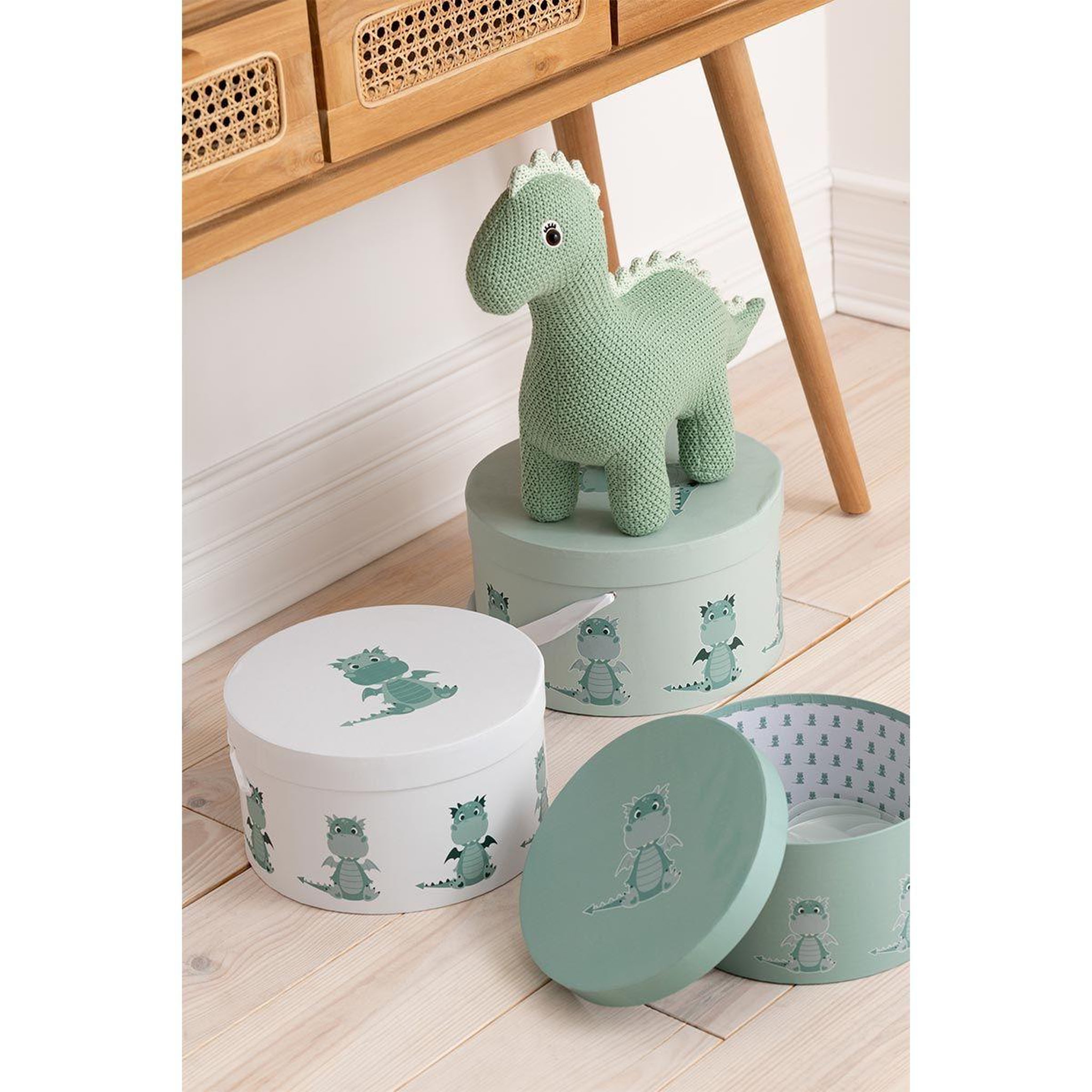 Voir la diapositive 4 : J-LINE Lot de 3 boîtes déco  dragon  32cm vert & blanc