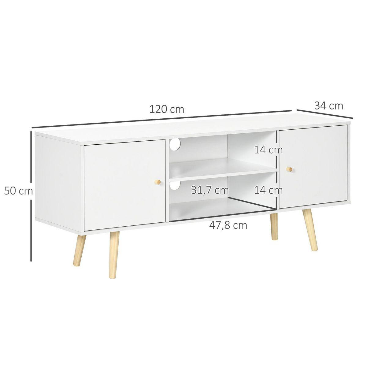 HOMCOM Meuble TV style scandinave 2 portes 2 niches passe-fils piètement bois pin panneaux blanc