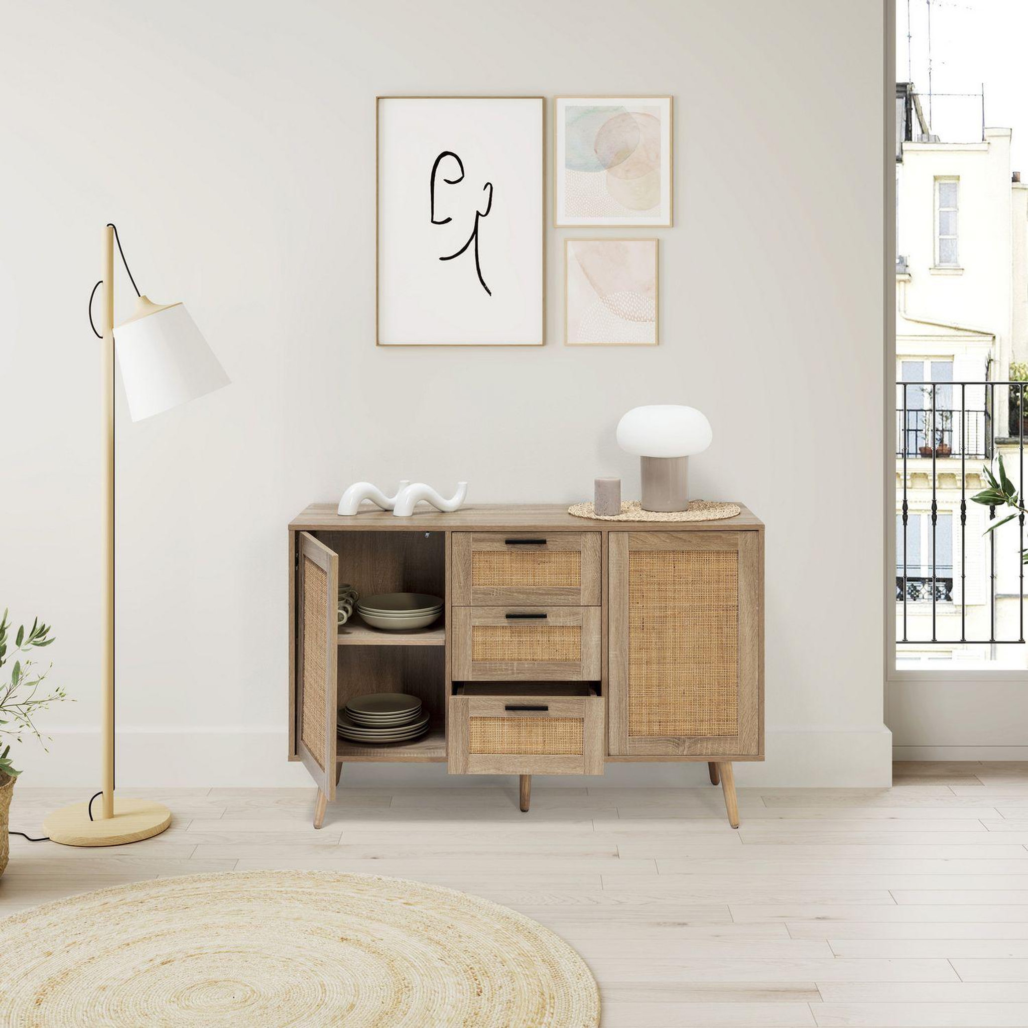 Voir la diapositive 6 : VS VENTA-STOCK Buffet Dalia 3 tiroirs et 2 portes couleur chêne, 120 cm longueur