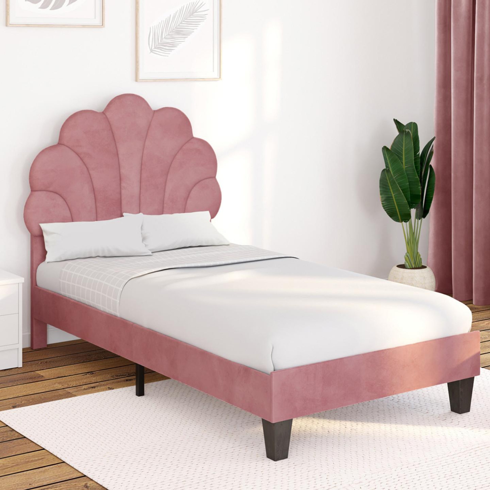 Voir la diapositive 2 : ID MARKET Lit simple coquillage 90 x 190 cm amanda avec sommier velours rose poudré