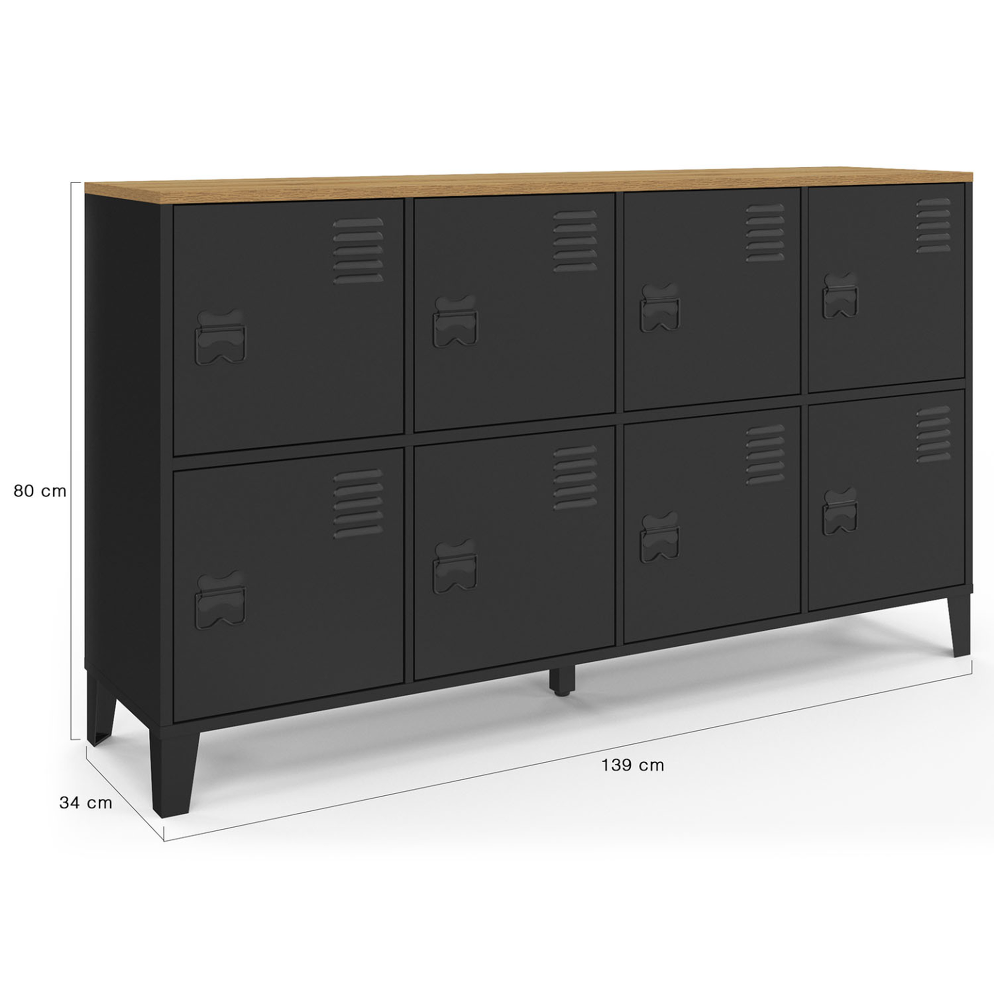 Voir la diapositive 5 : ID MARKET Buffet casier 139 cm ester 8 portes en métal noir plateau bois design industriel