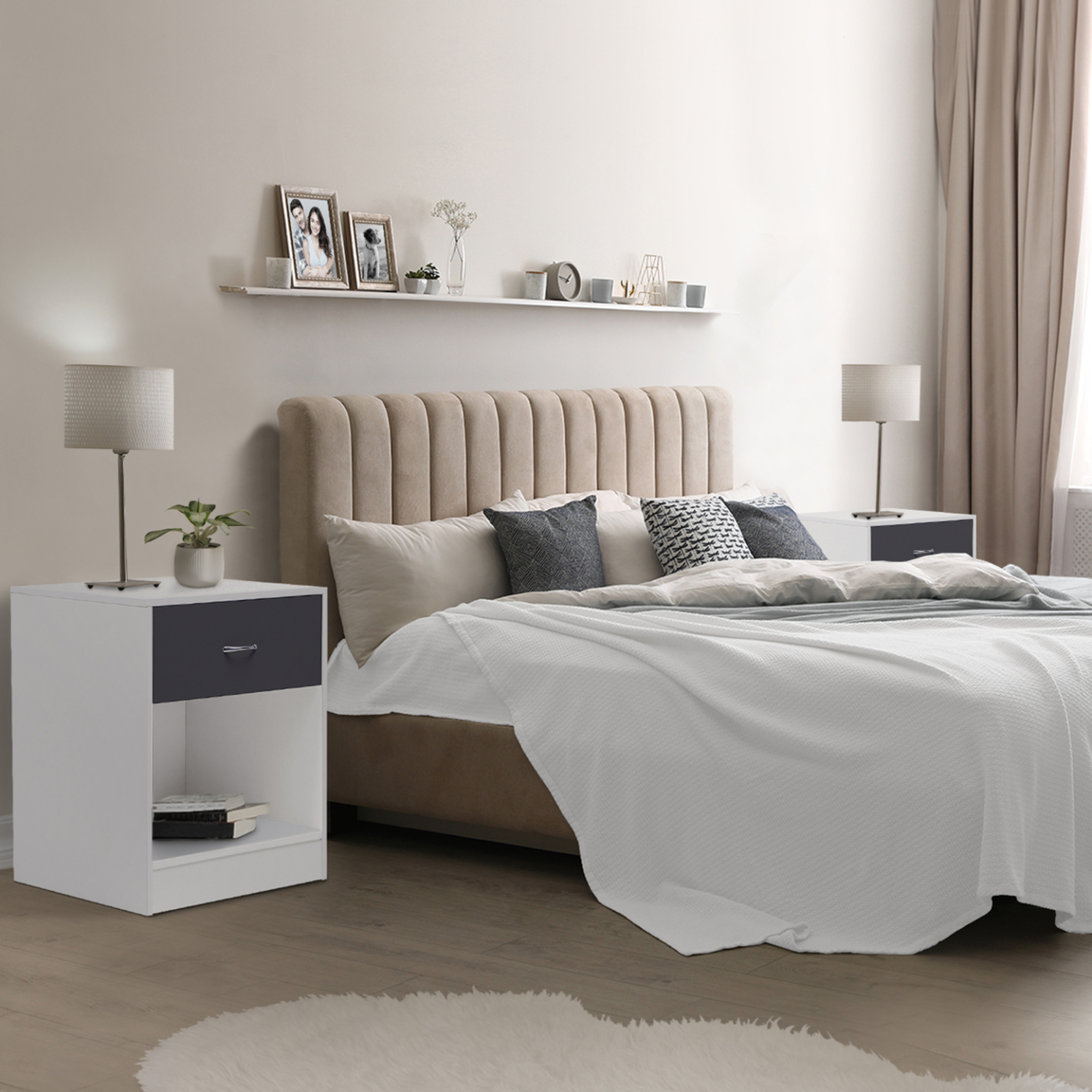 Voir la diapositive 6 : ID MARKET Lot de 2 tables de chevet olga 1 tiroir avec niche bois blanc et tiroir gris