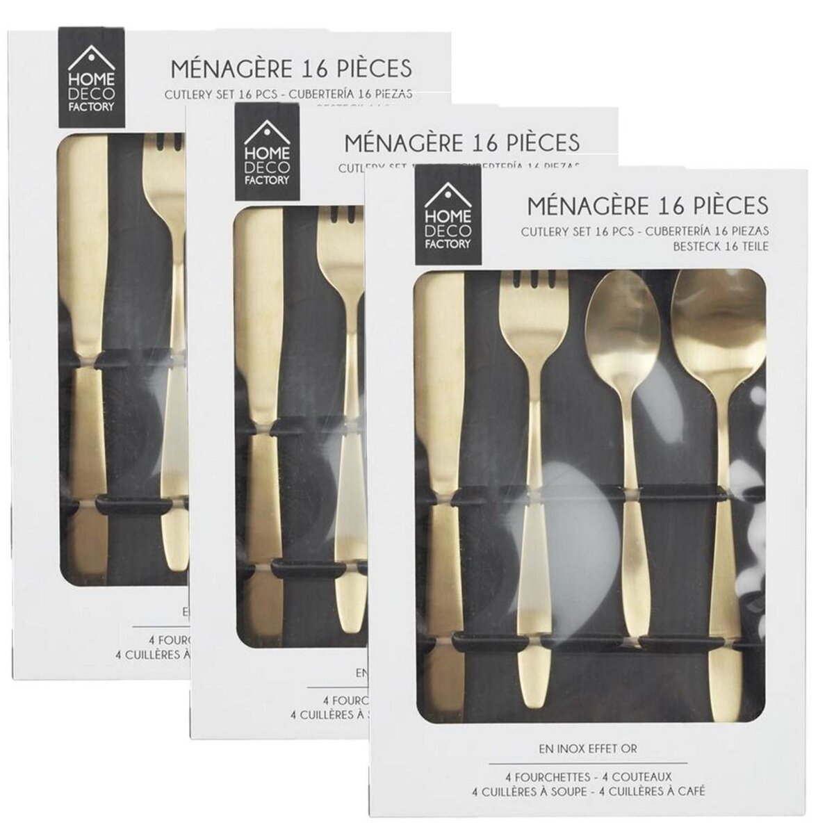 TOILINUX Lot de 3 Ménagères en Acier Inoxydable design Gold - 48 Couverts - Doré