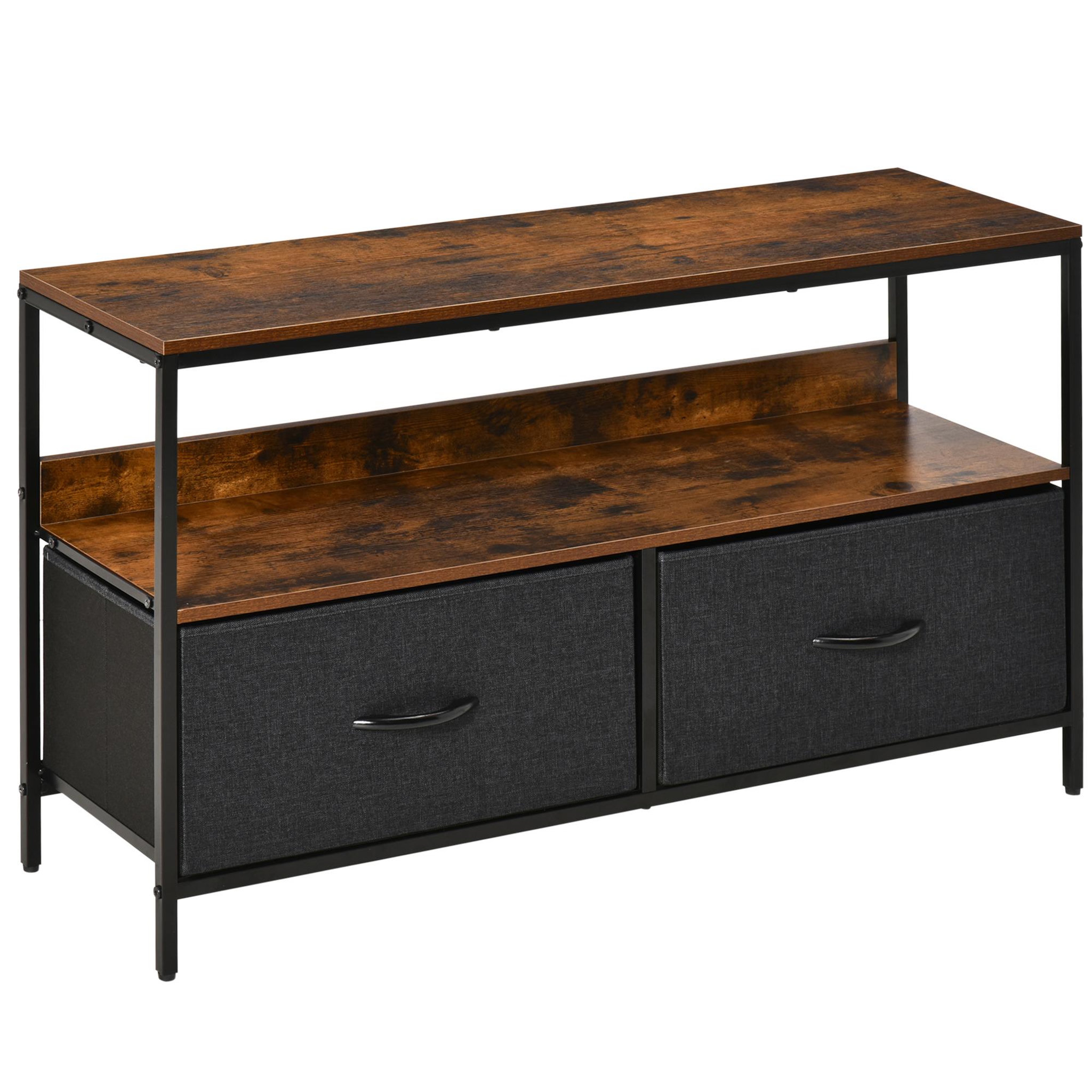 Voir la diapositive 1 : HOMCOM Meuble TV bas sur pieds style industriel 2 tiroirs tissu gris acier MDF noir bois vieilli
