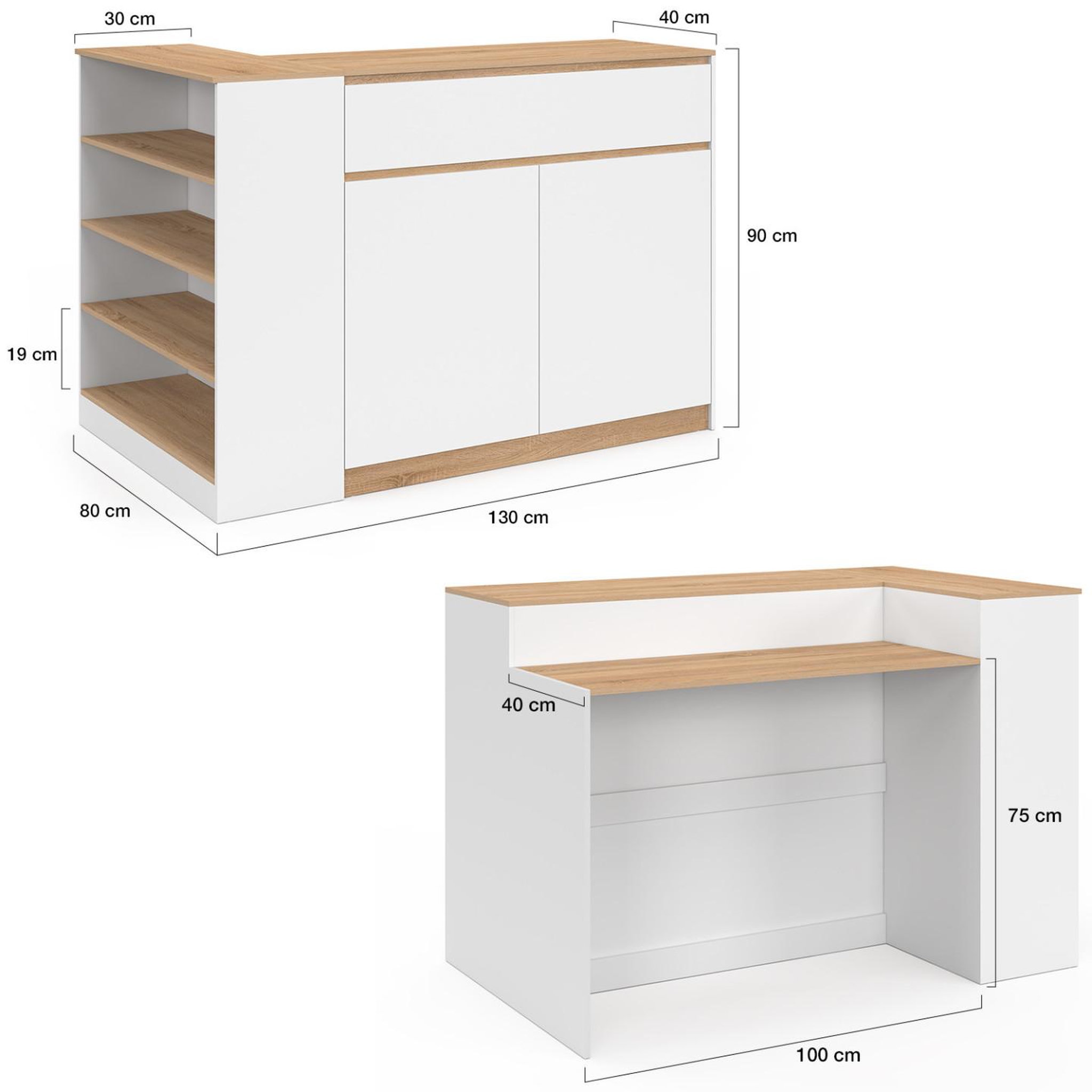 Voir la diapositive 5 : ID MARKET Ilot central tomi 130 cm 2 personnes double plateau bois blanc avec plan de travail façon hêtre