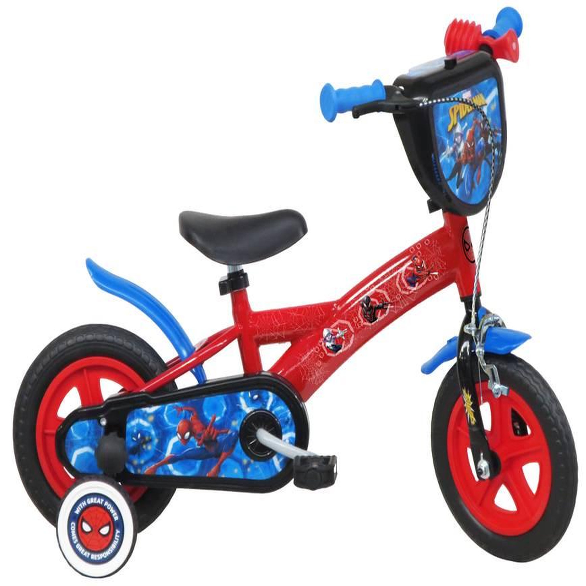 Marvel Vélo enfant 10'' - Modèle Spiderman  pour enfant de taille 75 à 90 cm avec stabilisateurs à molettes - 1 frein + Plaque avant et roues bâtons