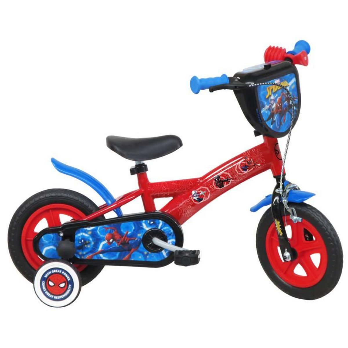 Marvel Vélo enfant 10'' - Modèle Spiderman  pour enfant de taille 75 à 90 cm avec stabilisateurs à molettes - 1 frein + Plaque avant et roues bâtons