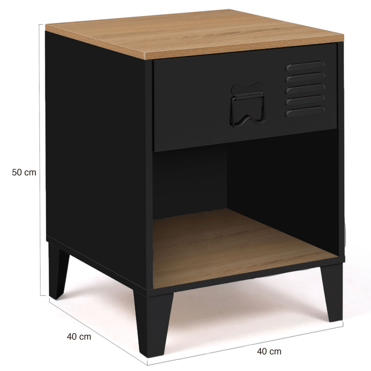 ID MARKET Lot de 2 tables de chevet ESTER 1 tiroir métal noir avec niche et plateau façon hêtre design industriel