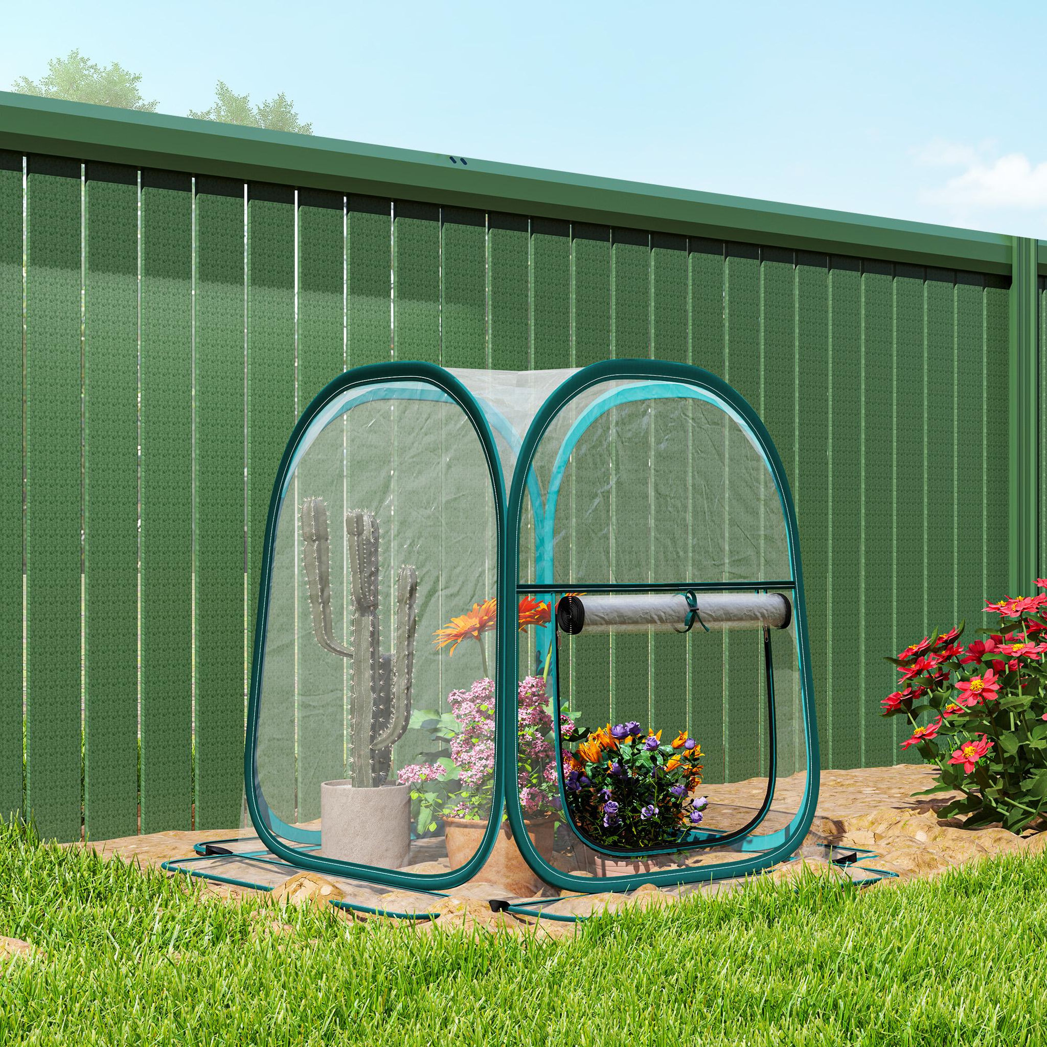 Voir la diapositive 4 : OUTSUNNY Mini serre de jardin pop up avec sac de transport - porte zippée enroulable - dim. 70 x 70 x 80 cm - PVC transparent vert