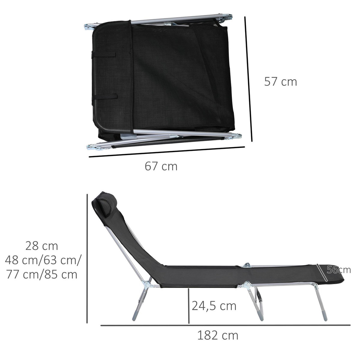 OUTSUNNY Bain de soleil transat pliable dossier réglable 5 positions acier teslin noir