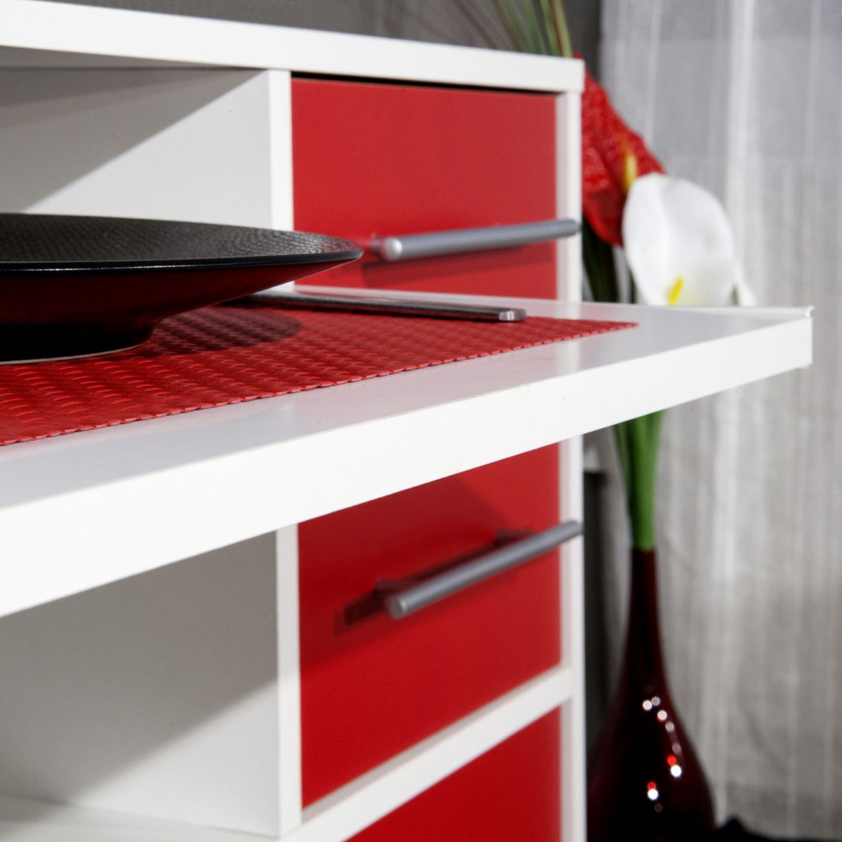 Desserte micro-ondes 3 portes 2 tiroir 1 tablette coulissante PRACTICA