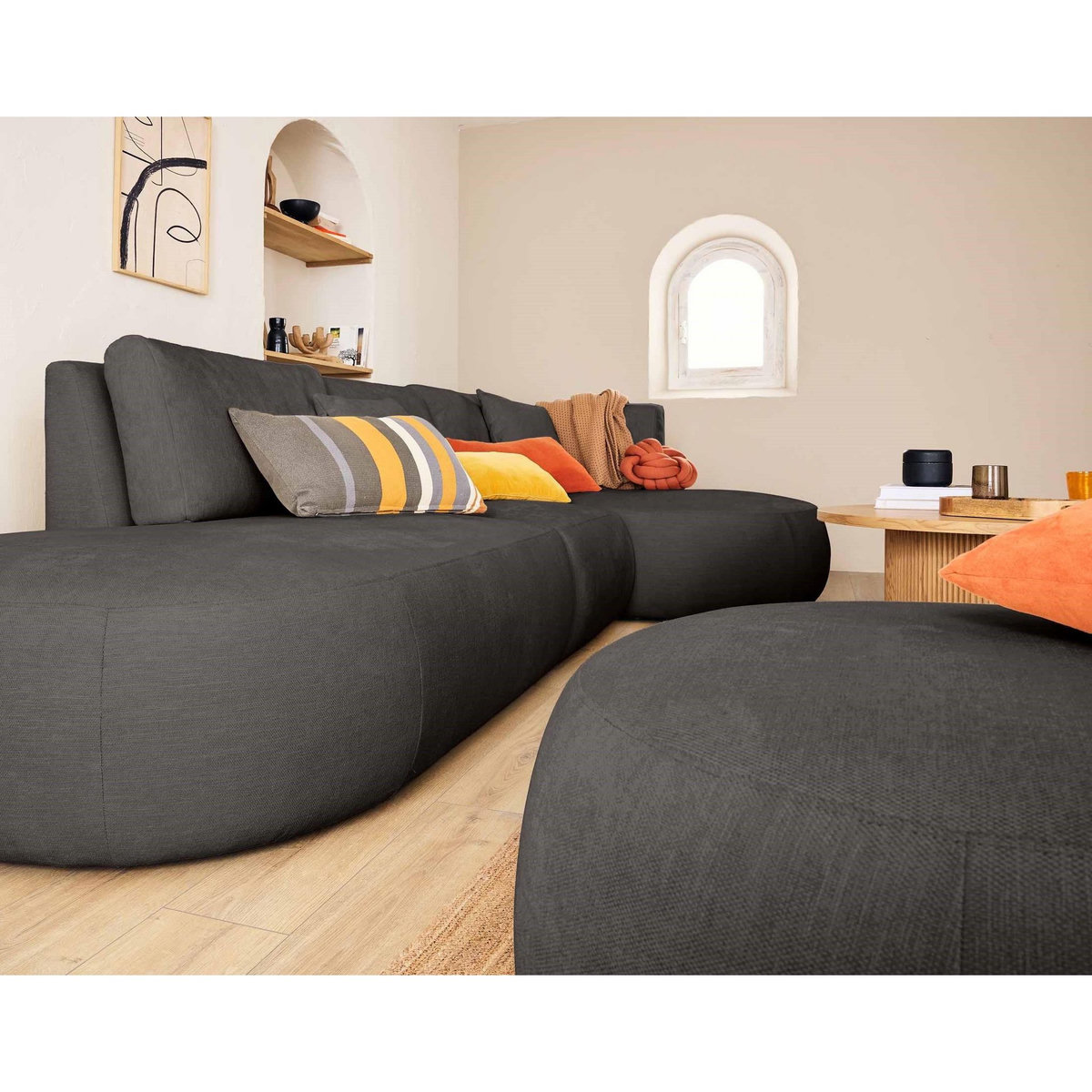 LISA DESIGN Santorini - canapé modulable d'angle droit + pouf - 5 places - en tissu texturé