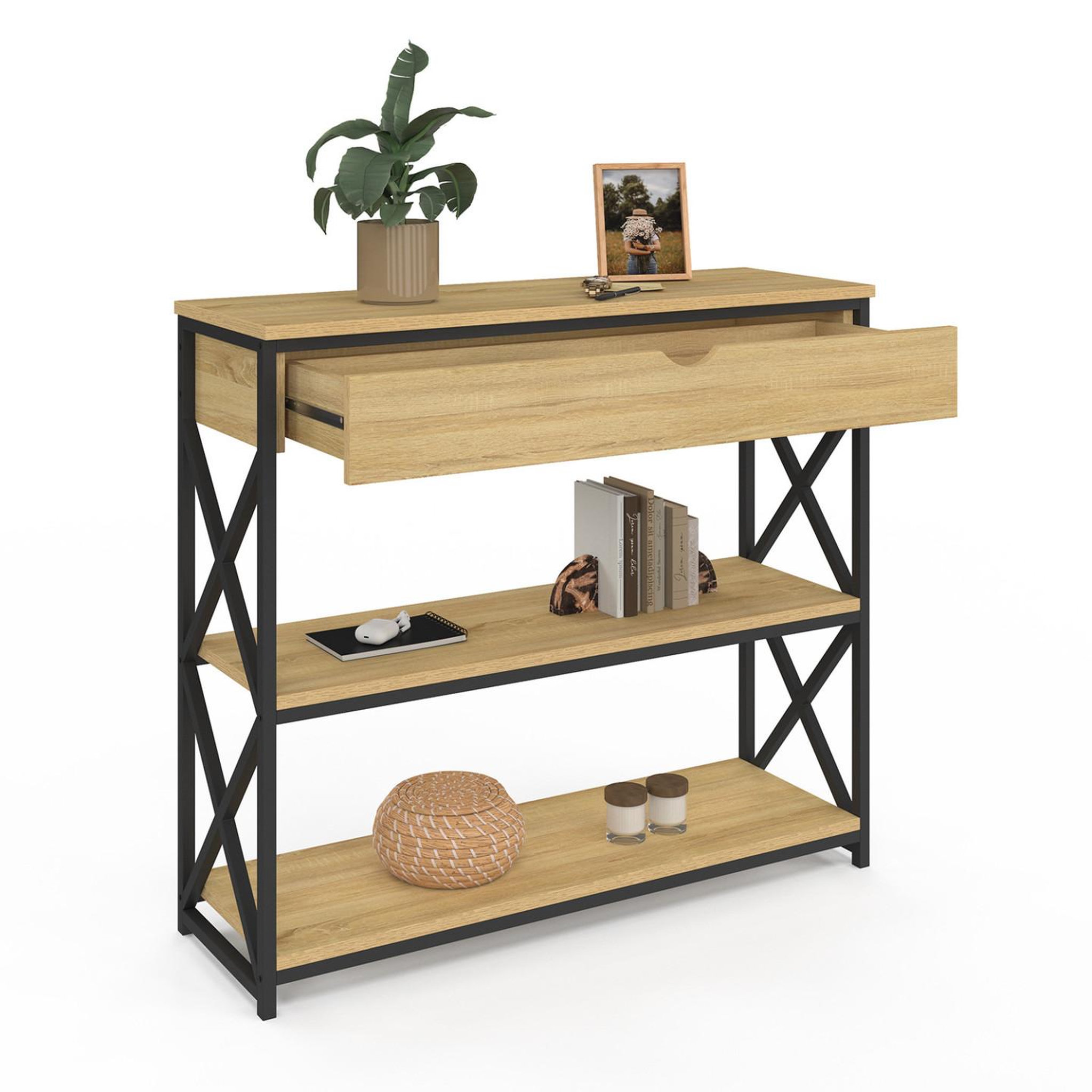 Voir la diapositive 4 : ID MARKET Console 1 tiroir wayne 2 étagères design industriel