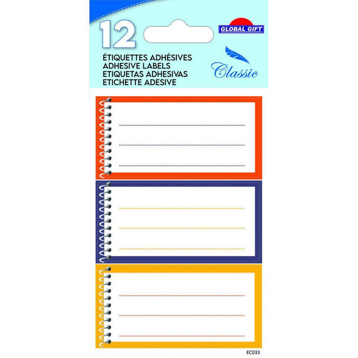 GLOBAL GIFT 12 étiquettes adhésives scolaires - Cahier spirale - Couleurs chaudes