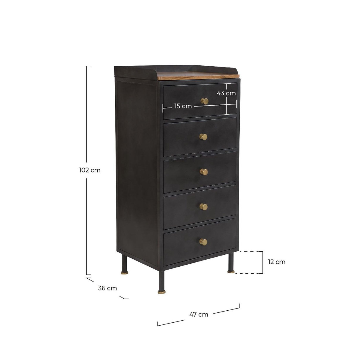 Rendez vous déco Chiffonnier 5 tiroirs en métal gris métallisé et bois de manguier-Gauthier