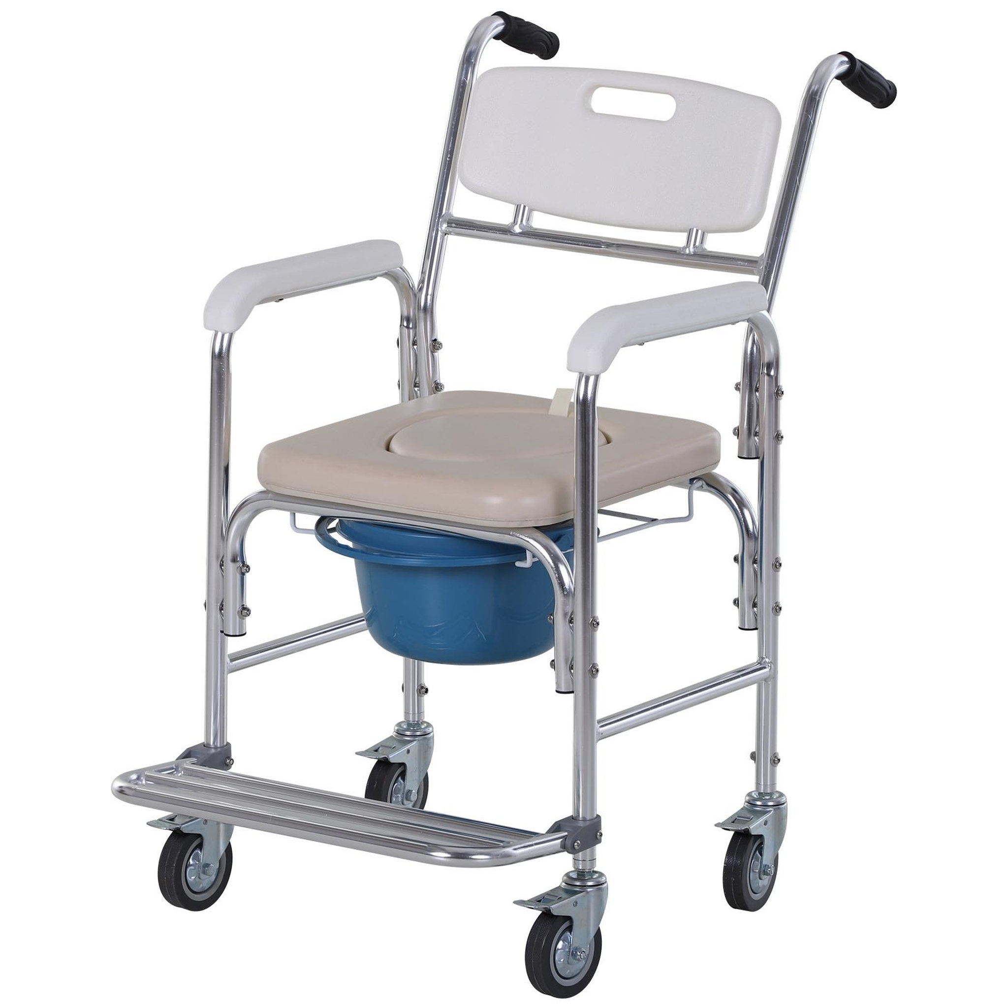 HOMCOM HOMCOM Chaise percée à roulettes - fauteuil roulant percé - chaise de douche - seau amovible, accoudoirs, repose-pied - acier chromé HDPE blanc