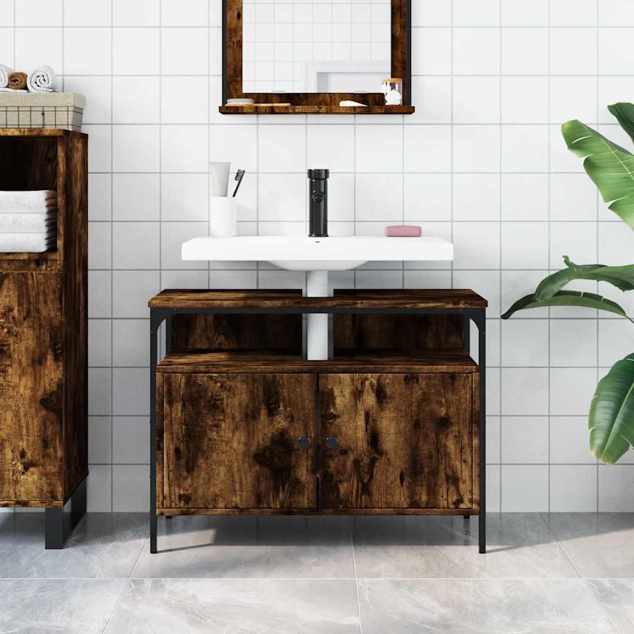Voir la diapositive 3 : VIDAXL Armoire lavabo de salle de bain chene fume 80x30x60 cm
