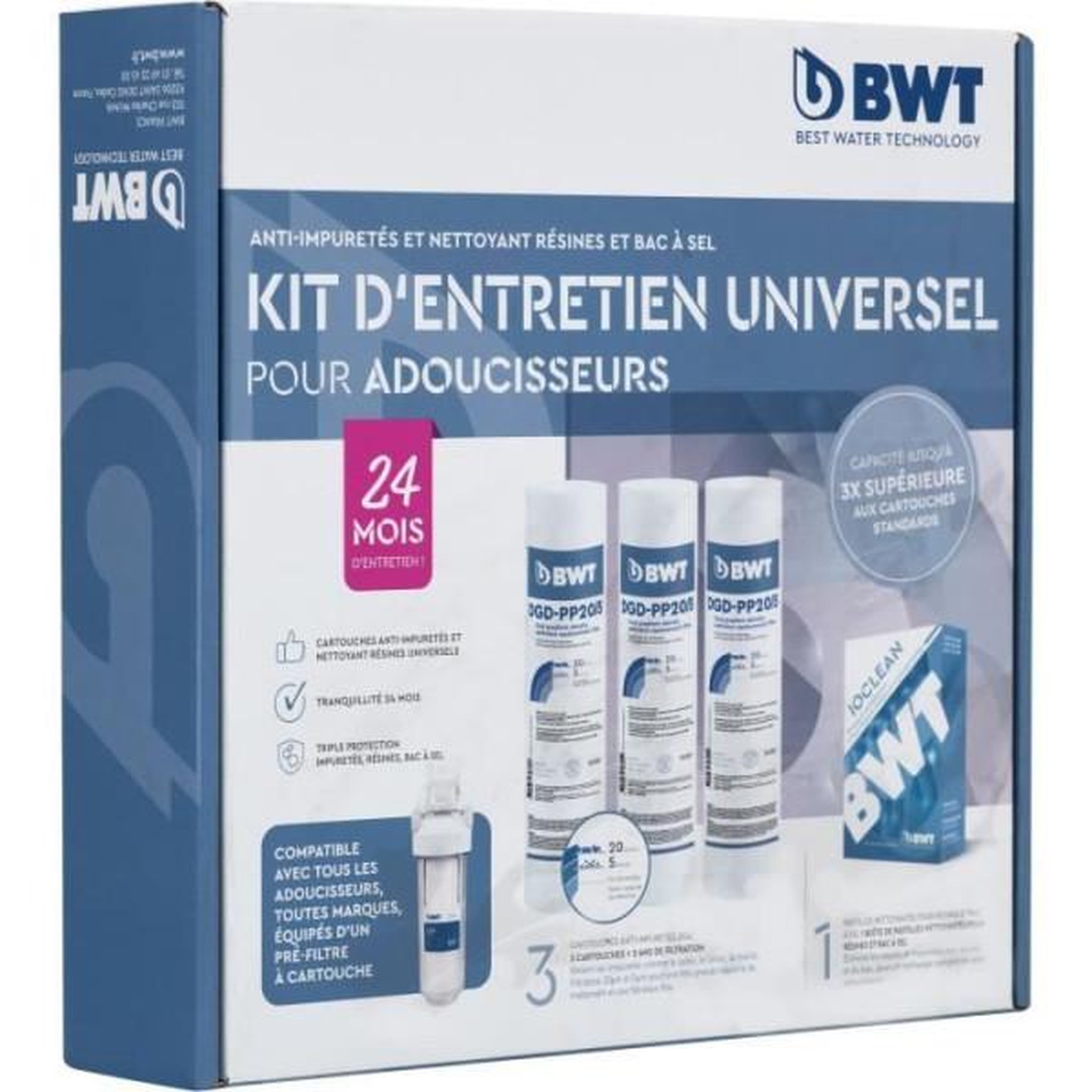 BWT Kit entretien adoucisseurs - bwt - kit universel - 3 cartouches + 1 pack de pastilles de nettoyage - 24 mois / 2 ans d'entretien