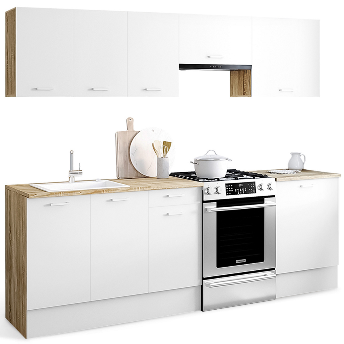 ID MARKET Cuisine complète 240 cm SUBTIL avec plan de travail 7 éléments bois et blanc