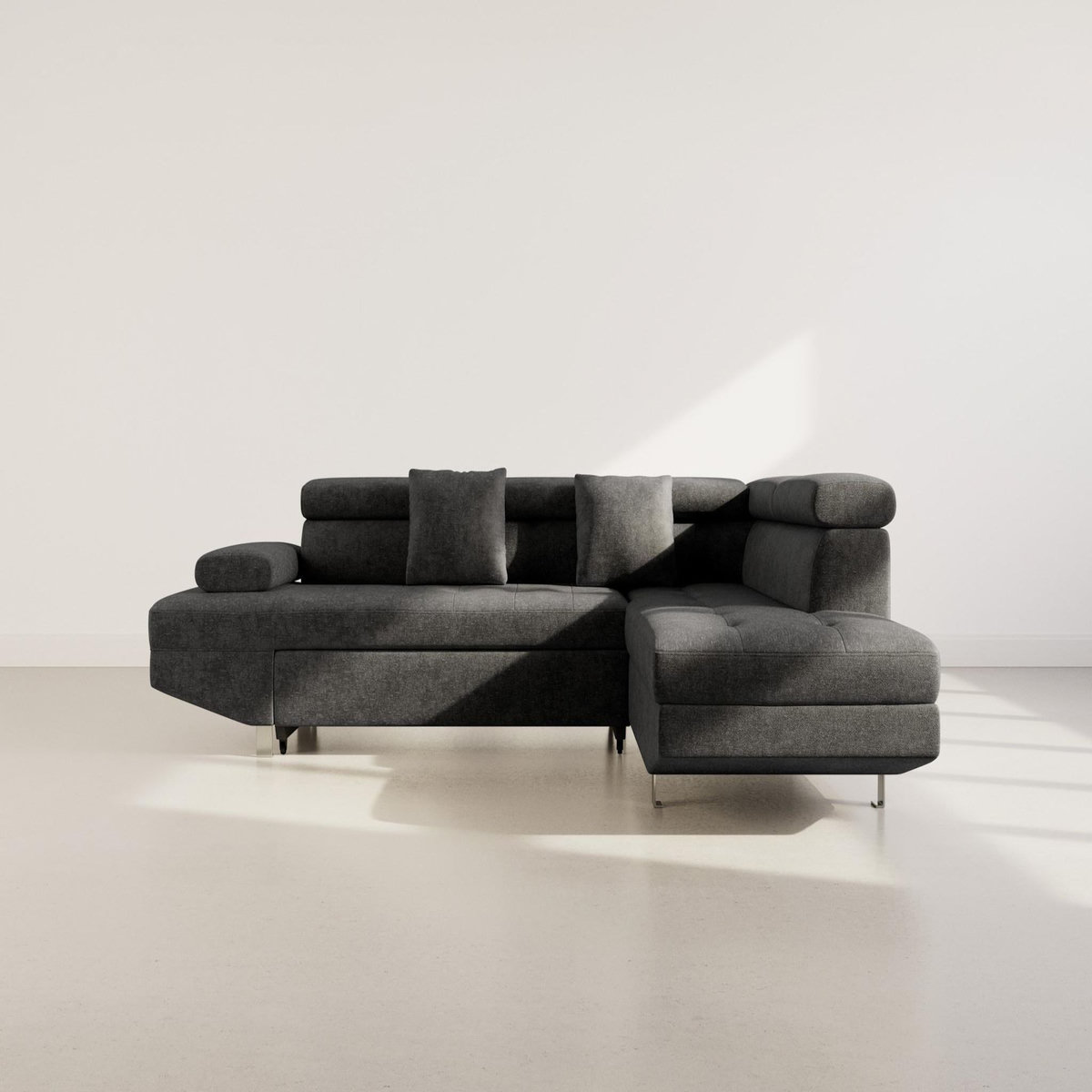 BEST MOBILIER Margaux - canapé d'angle droit 5 places convertible avec coffre et têtières réglables en velours texturé