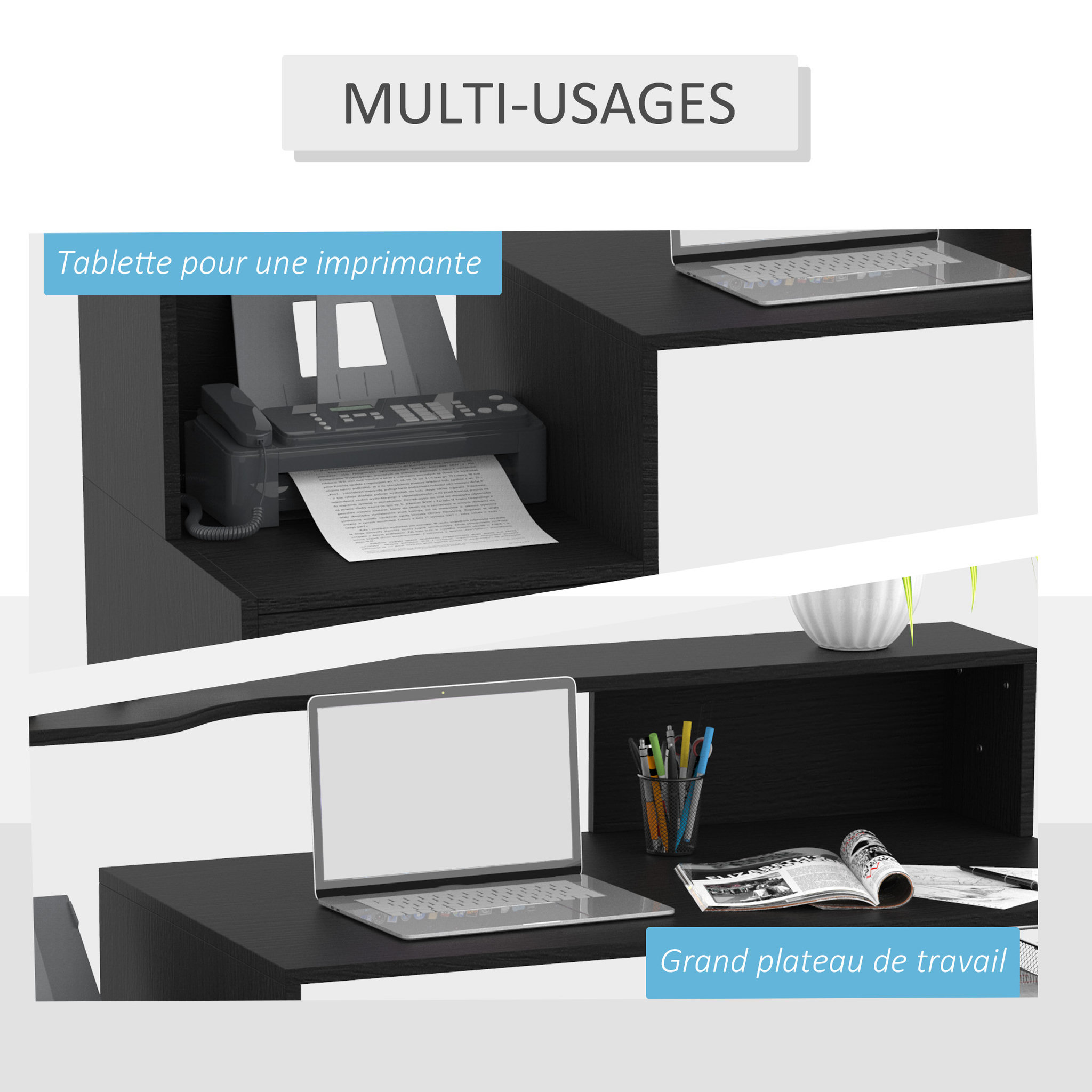 Voir la diapositive 5 : HOMCOM Bureau Informatique multimédia Design Multi-rangements 137 L x 55 l x 92 H cm noir