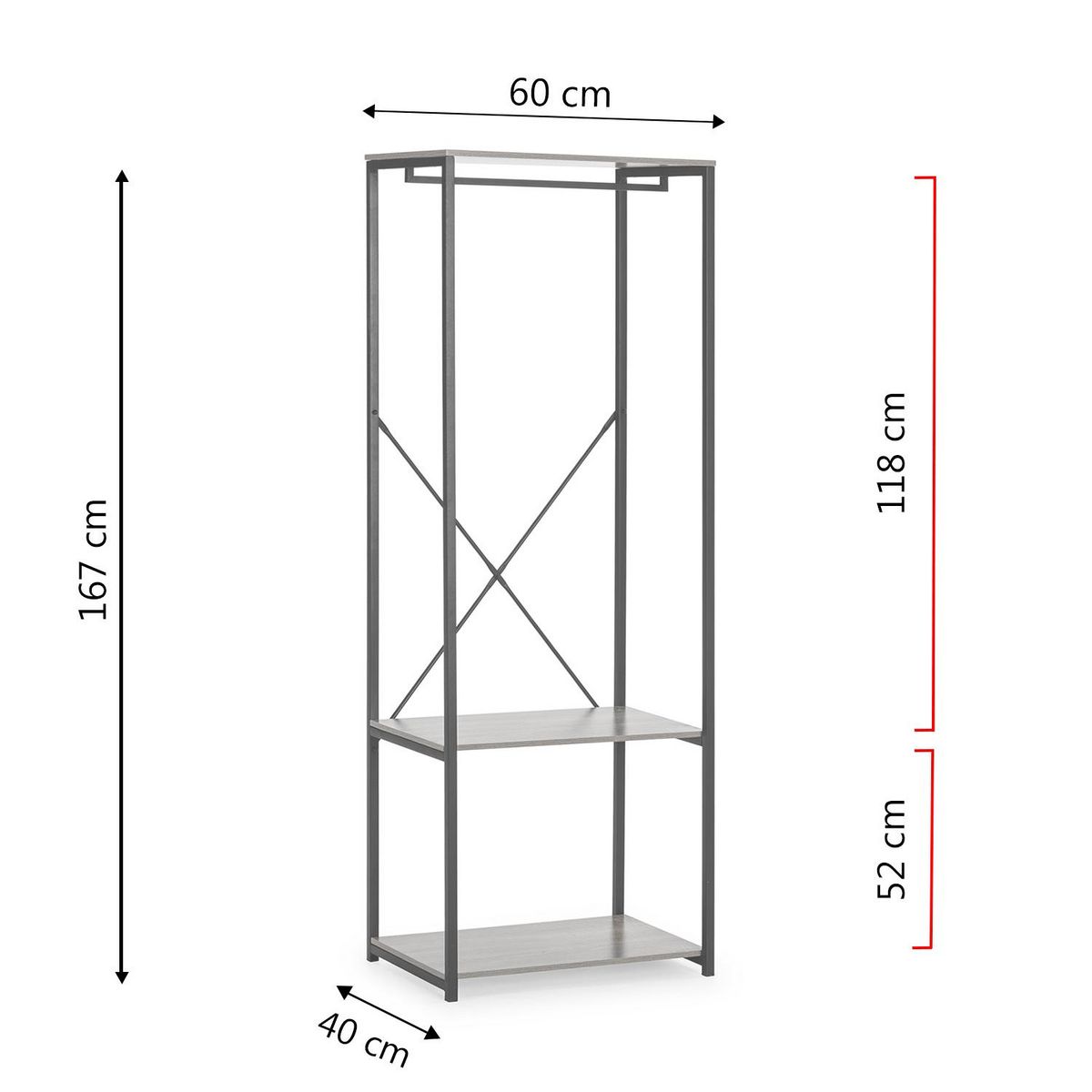VS VENTA-STOCK Portemanteau Julia 2 étagères 1 barre, couleur chêne/noir