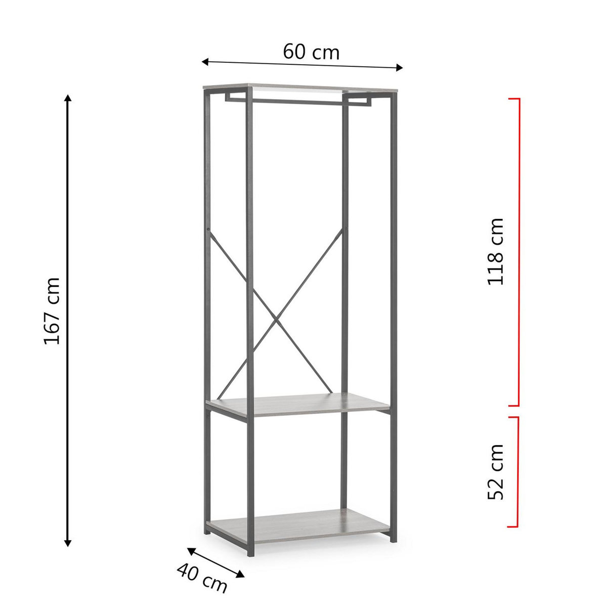 VS VENTA-STOCK Portemanteau Julia 2 étagères 1 barre, couleur chêne/noir