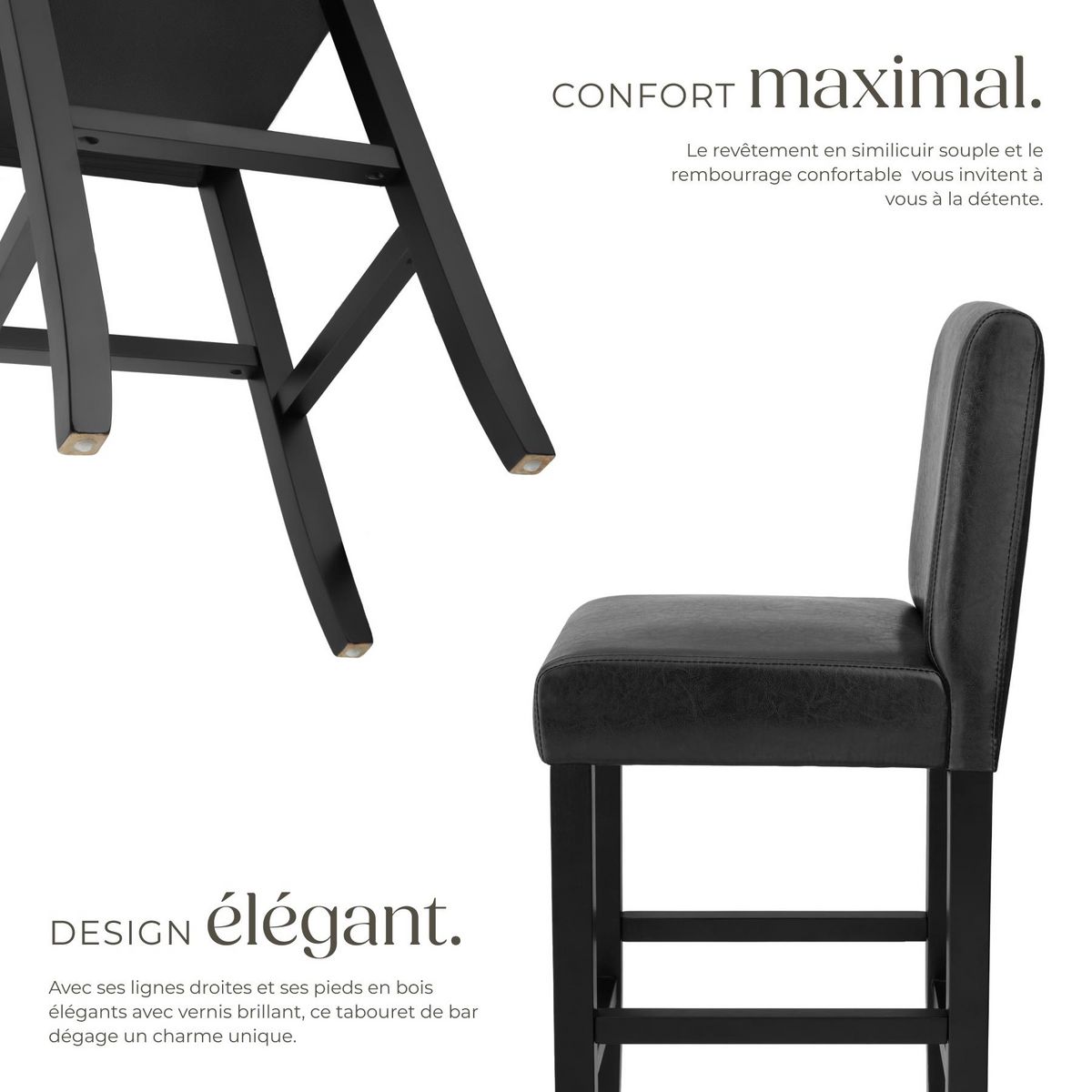 tectake Tabouret de bar rembourré avec dossier noir lot de 2
