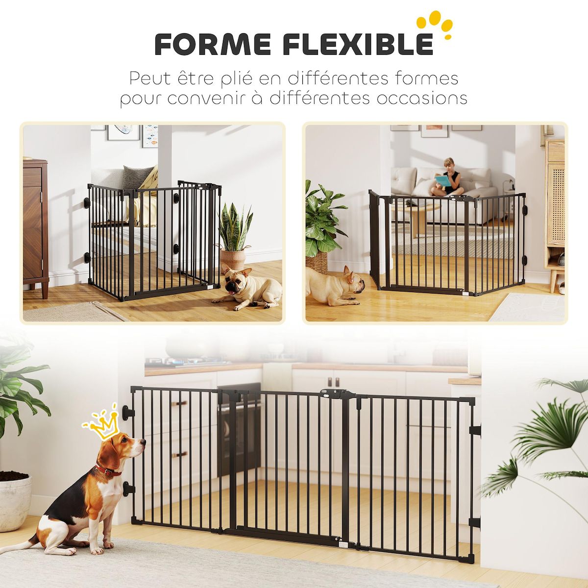 PAWHUT Barrière de sécurité chien pliable modulable 3 panneaux une porte dim. max. L.202,5 x H.76 cm - acier noir
