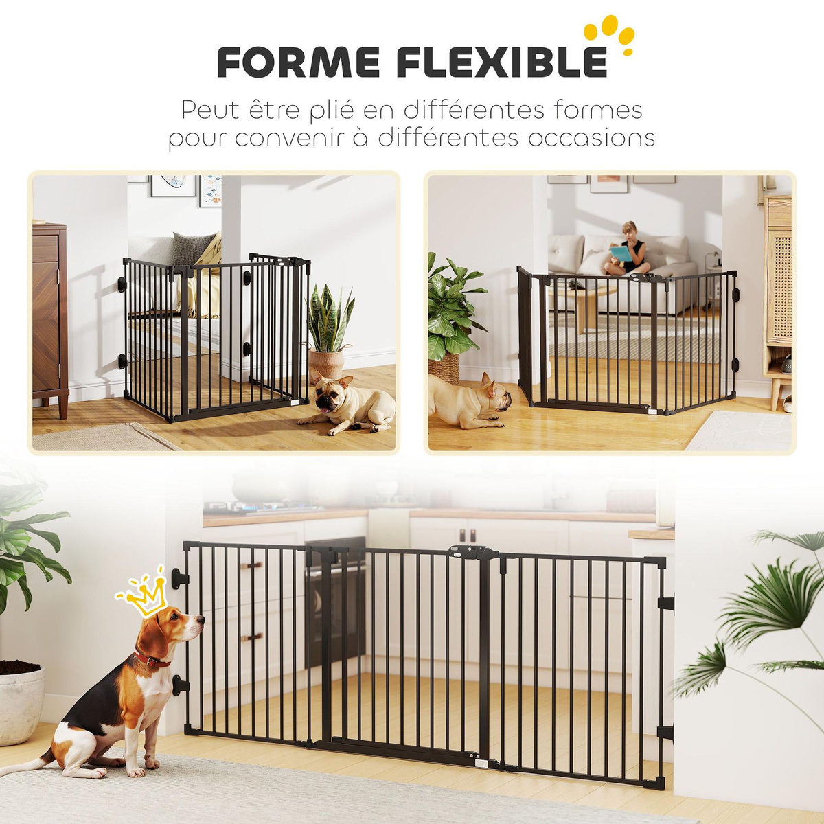 PAWHUT Barrière de sécurité chien pliable modulable 3 panneaux une porte dim. max. L.202,5 x H.76 cm - acier noir