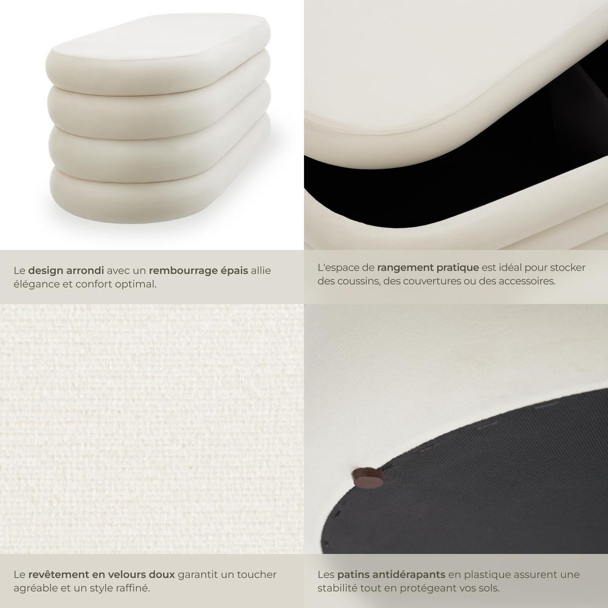 tectake Banc rembourré 2 grands compartiments de rangement Aspect velours crème/ blanc