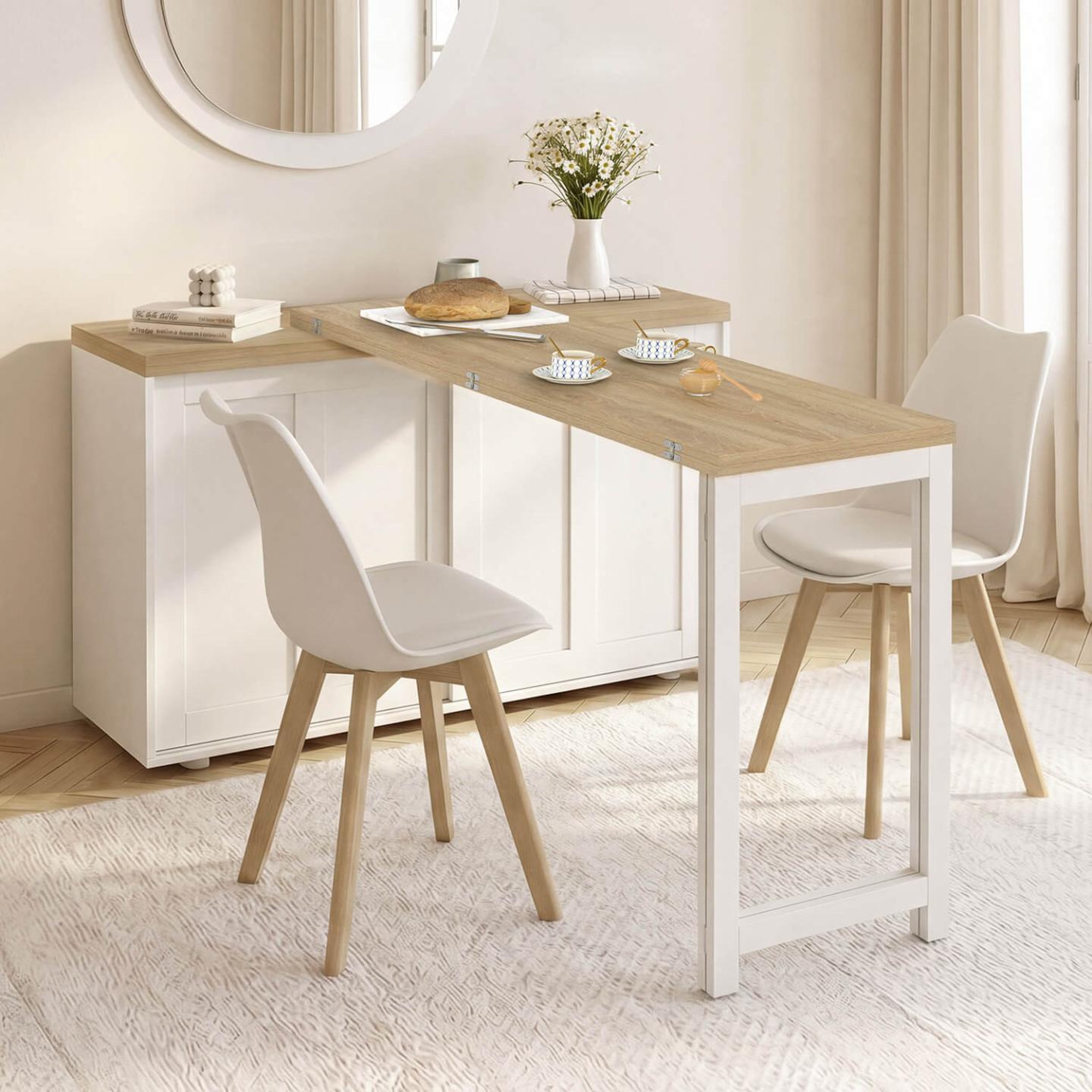 Voir la diapositive 4 : ID MARKET Buffet extensible 120 cm 2 portes coulissantes avec table à manger rotative et pliable jango 2 à 4 personnes blanc et bois