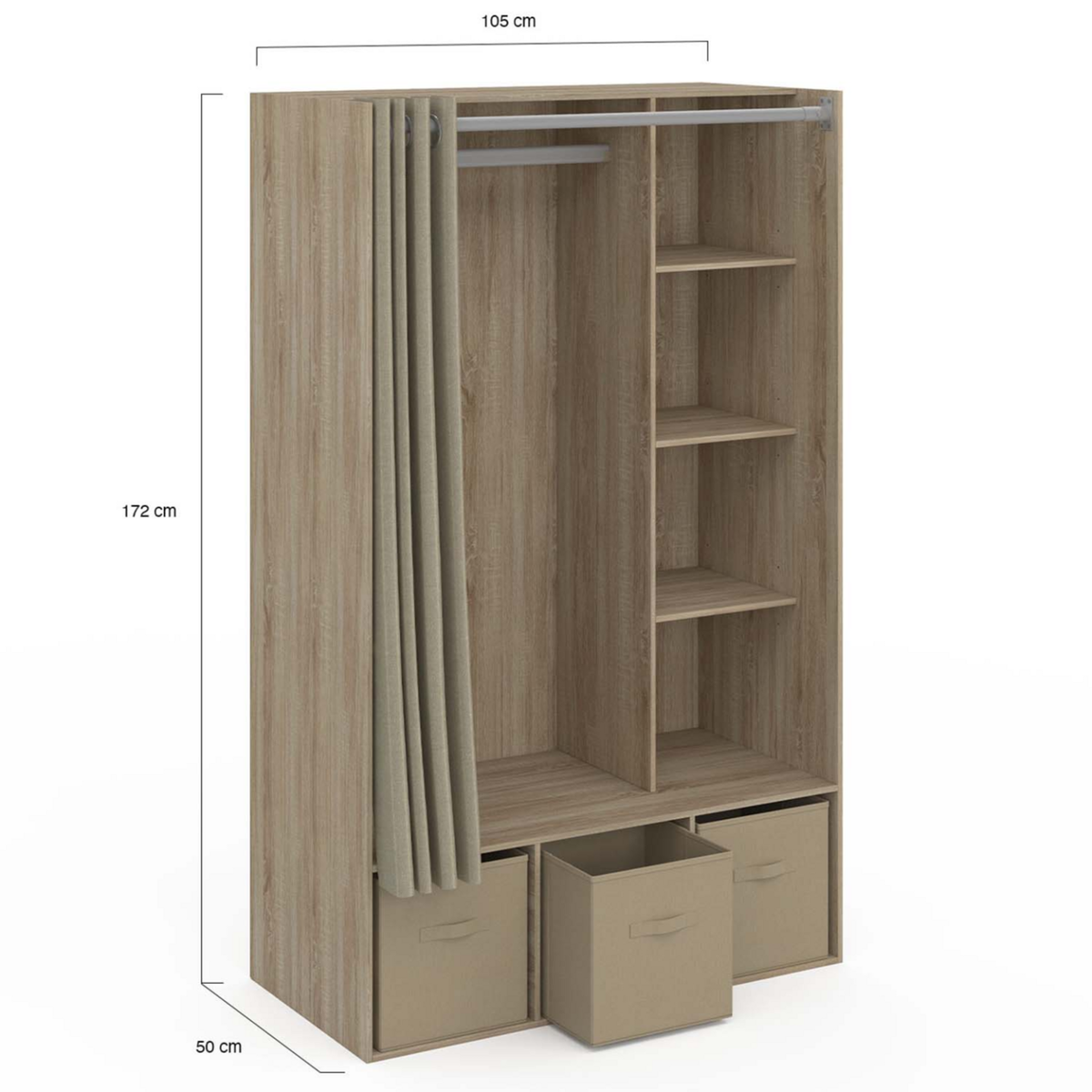 ID MARKET Dressing penderie DIANE 105 x 50 x 172 cm hêtre avec étagères + boites de rangement + rideau taupe